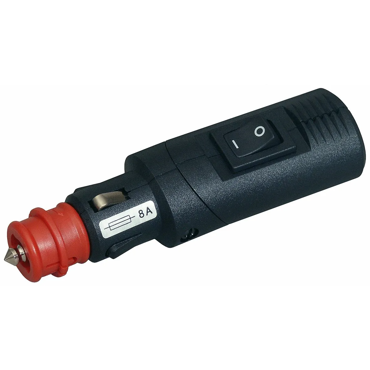 Schwarzer schwenkbarer 180-Grad-Sicherheitsstecker mit roter Spitze, Ein-/Aus-Schalter und sichtbarer 8-A-Sicherung