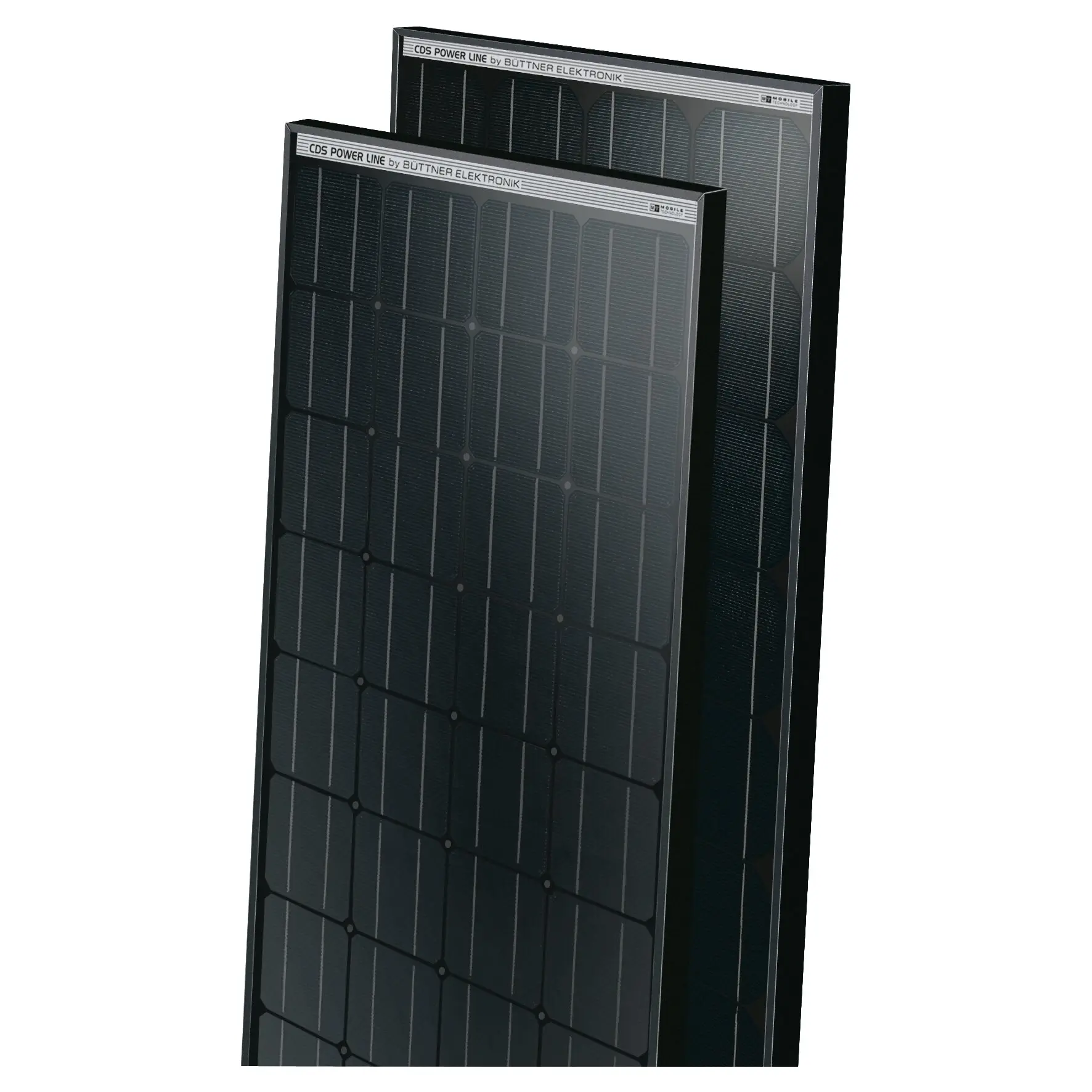 Zwei Solarmodule in dunklem Rahmen mit sichtbarem Zellraster; obere Leiste trägt CDS POWER LINE by BUTTNER ELEKTRONIK