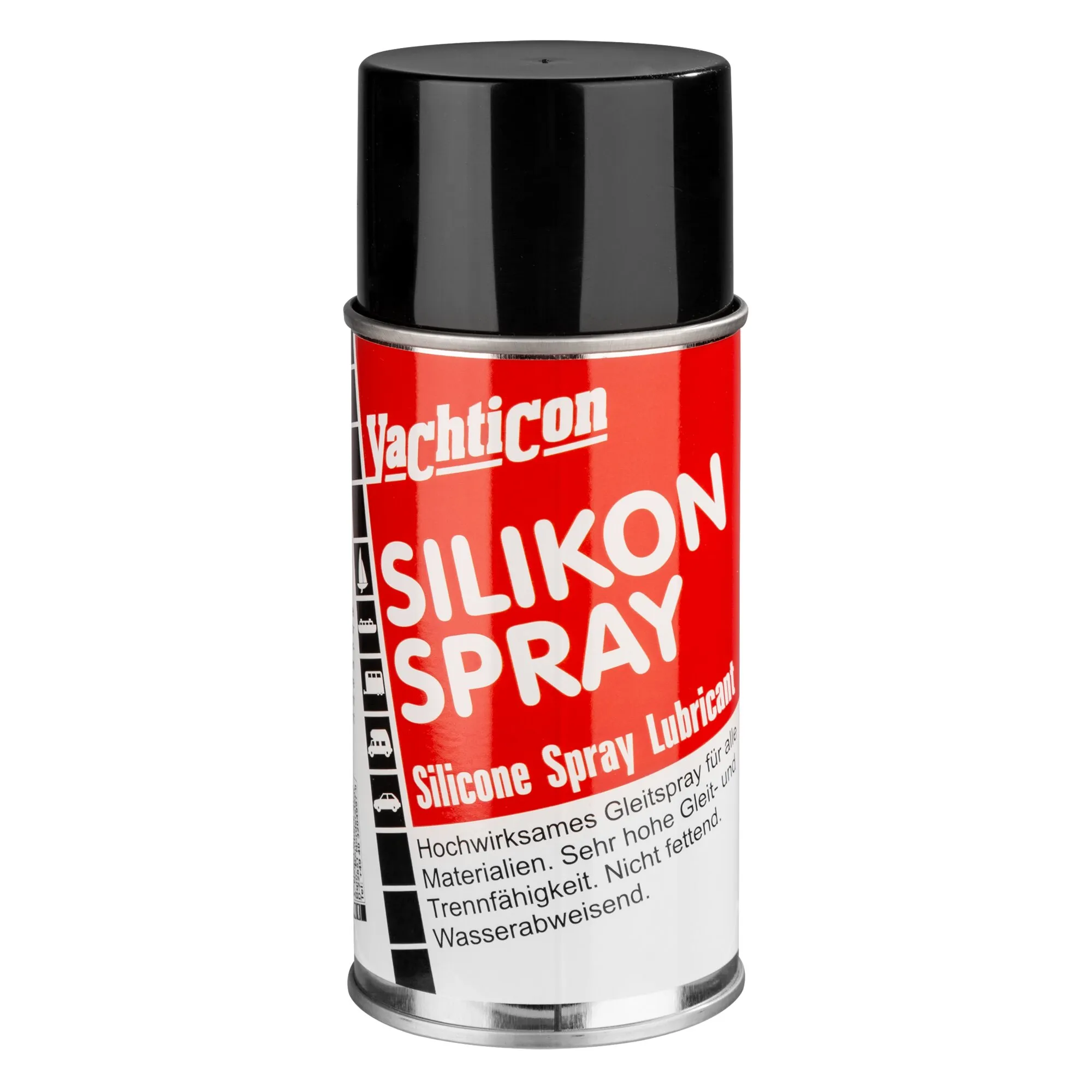 Rote Vachticon-Silikonspraydose mit schwarzem Deckel und silbernem Rand, für Gleiten, Trennen und Wasserabweisung gekennzeichnet
