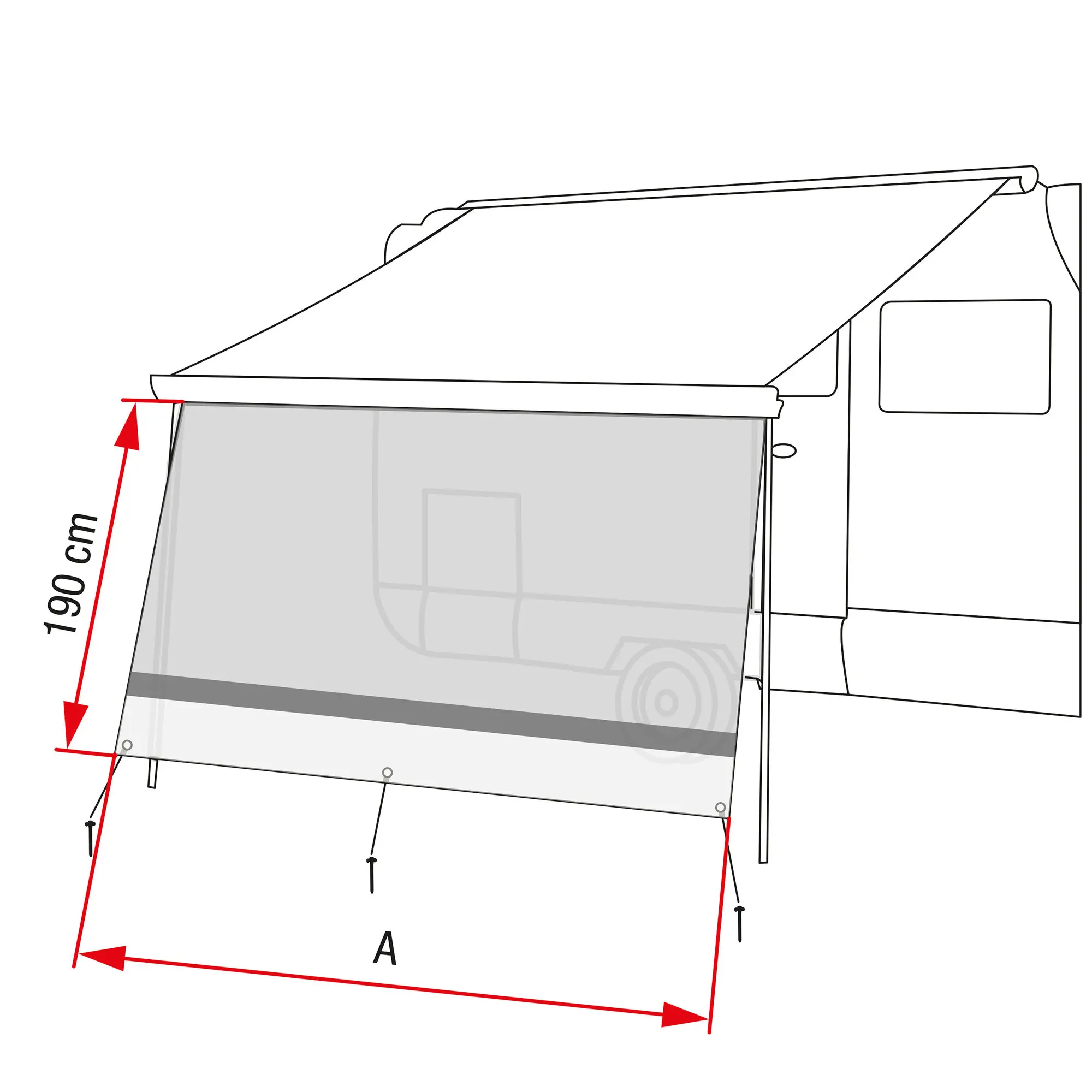 Skizze einer Wohnmobil-Vorderwand Sun View XL, 400 in seitlicher Perspektive mit großem Frontfenster und roter Maßlinie, Höhe 190 cm