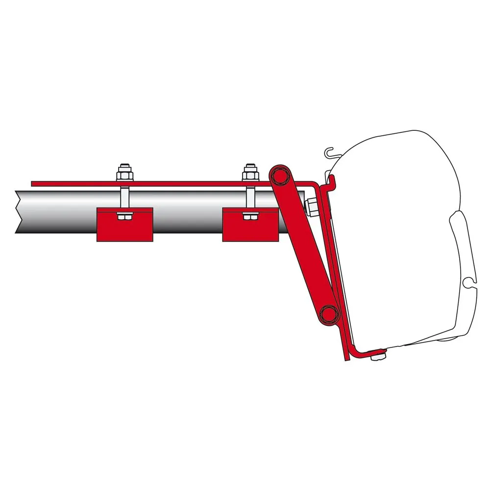 Universaladapter-Kit Roof Rail in Seitenansicht, rot, an einer silbernen Dachschiene mit montierter Transportbox befestigt