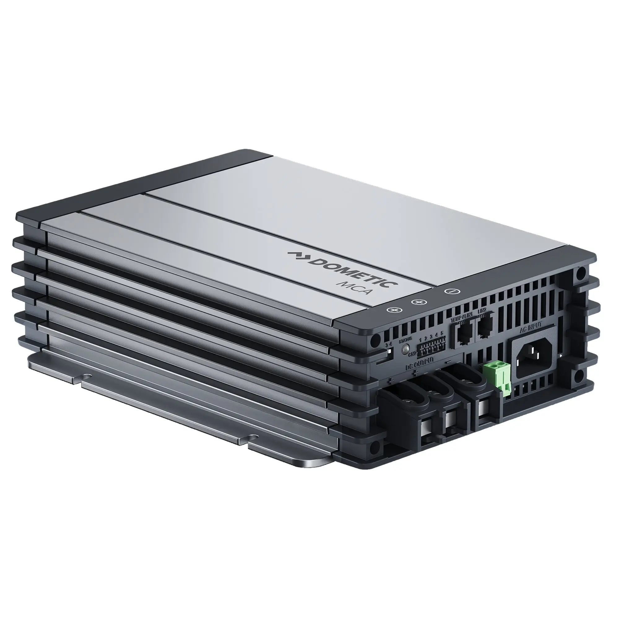 Silbernes, mehrteiliges Ladegerät mit Kühlrippen, mit Beschriftung PerfectCharge MCA IUoU 15 A, sichtbare Anschlüsse und grüne Terminalblöcke