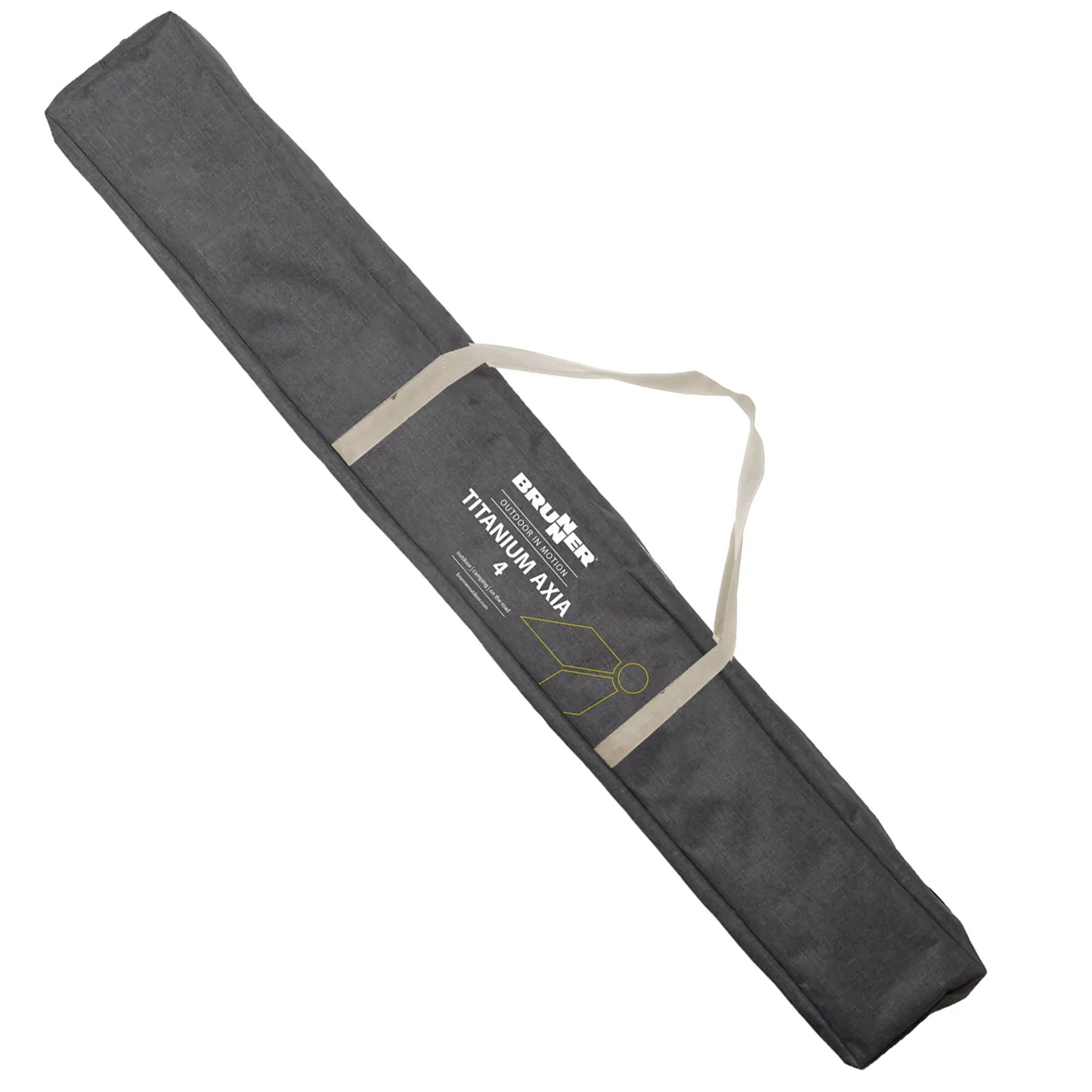 Zusammengefalteter, dunkelgrauer Rolltisch Titanium Axia von B.Prim, 122 cm, mit zwei hellen Tragegurten und Aufdruck