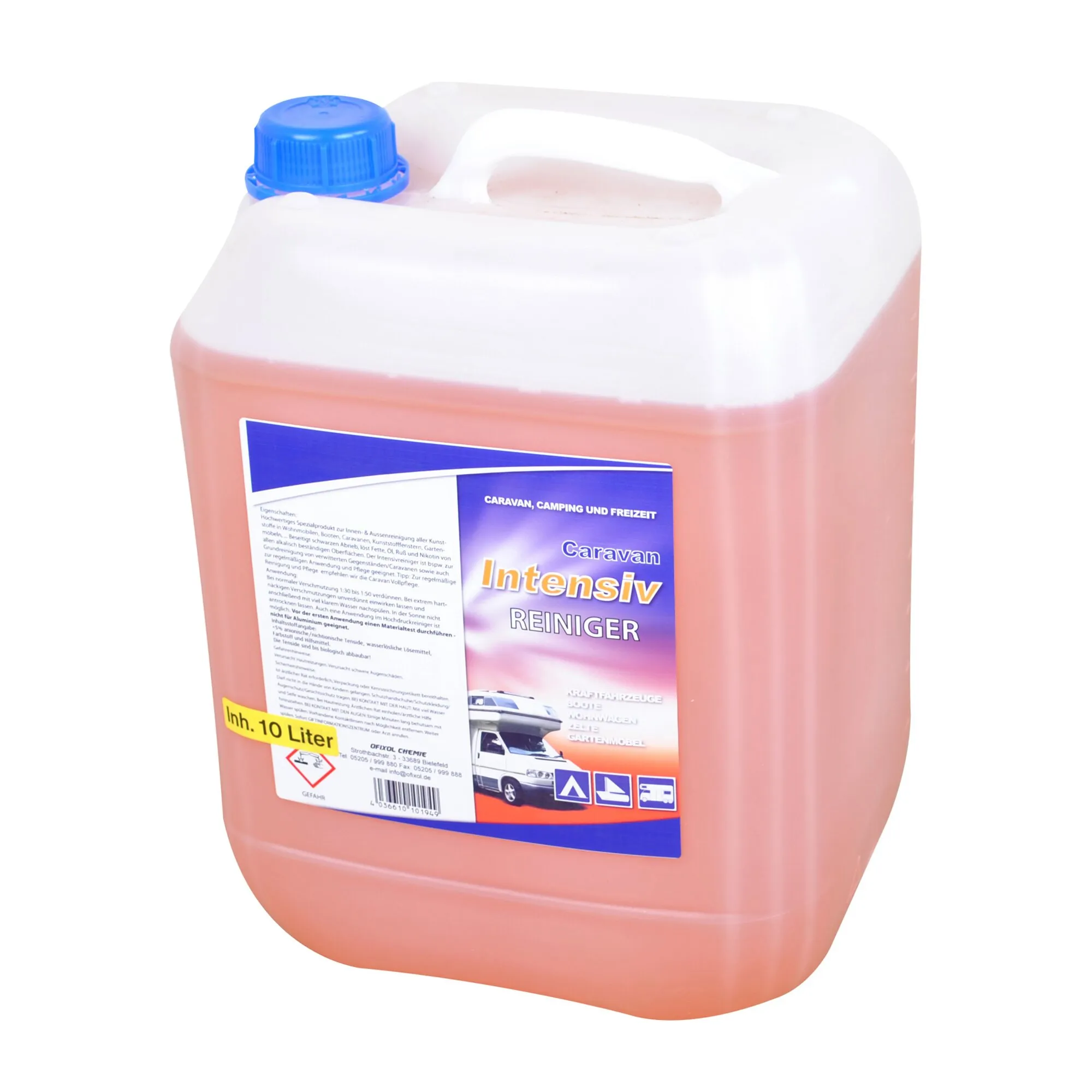 Roter 10-Liter-Kunststoffkanister mit blauem Schraubverschluss und Etikett Caravan Intensiv Reiniger für Caravan, Camping und Freizeit
