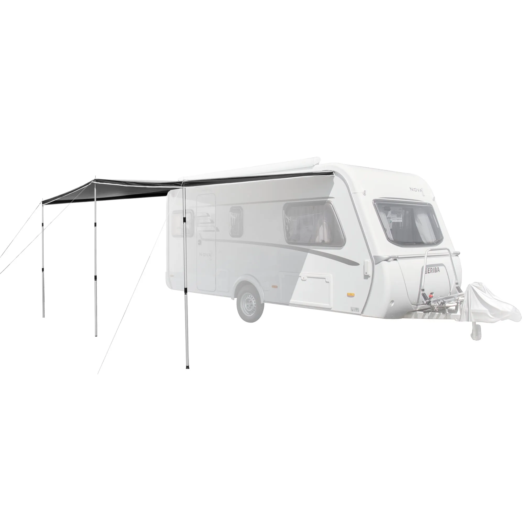 Schwarzes Sonnendach Canopy Shady Pro, 440 cm, an einem weißen Wohnwagen mit vier Standbeinen und Abspannleinen befestigt
