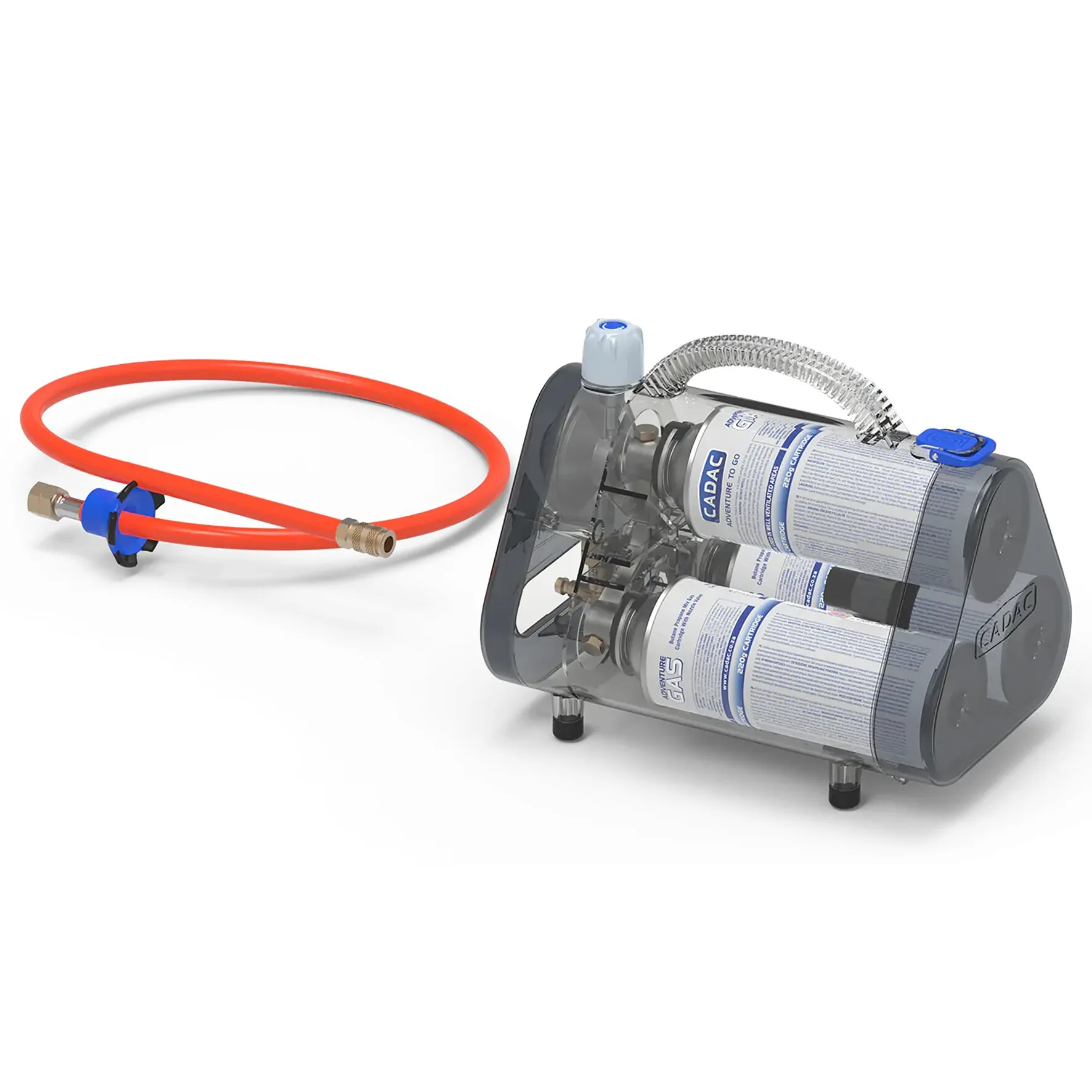 Gaskartuschenhalter mit zwei CADAC-Gaskartuschen, Druckregler, rotem Gasschlauch und transparenter Schutzabdeckung