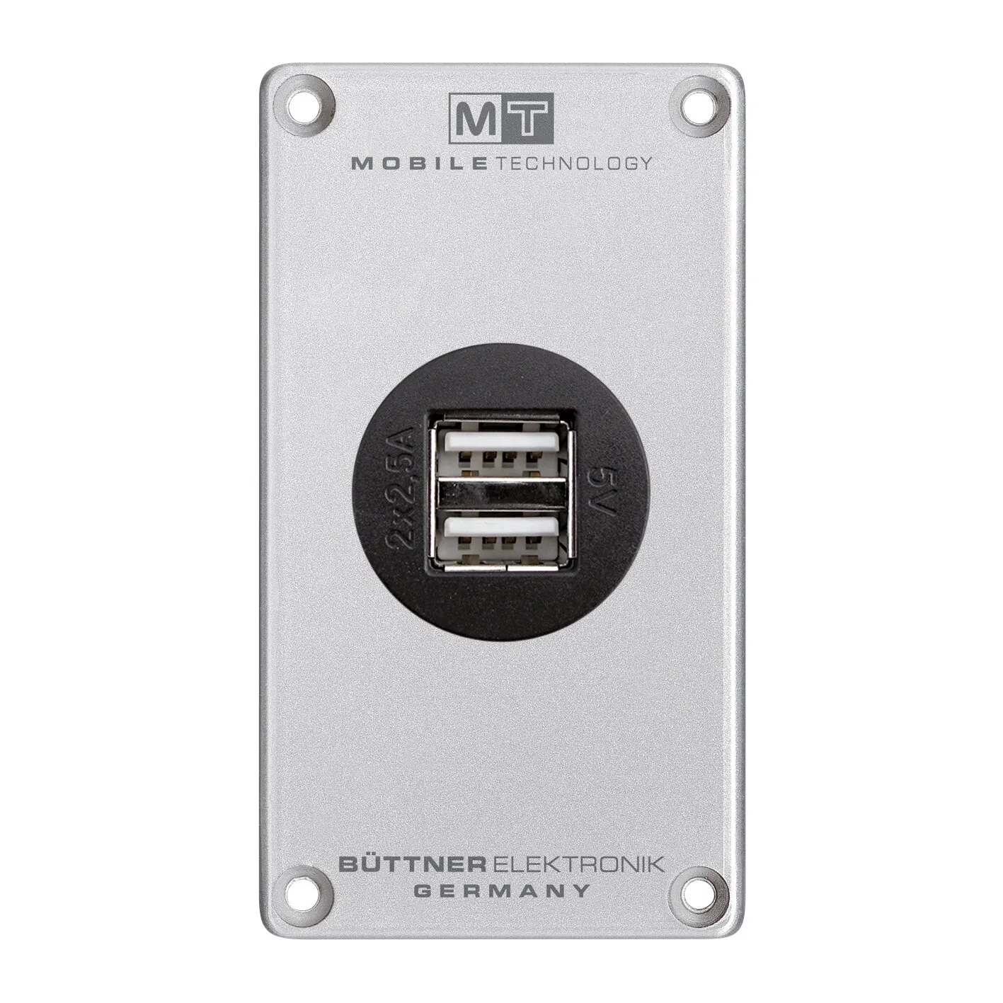 MT USB-Panel 2 von Büttner Elektronik mit silberner Metallfront, zwei übereinanderliegenden USB-Anschlüssen und vier Befestigungsbohrungen