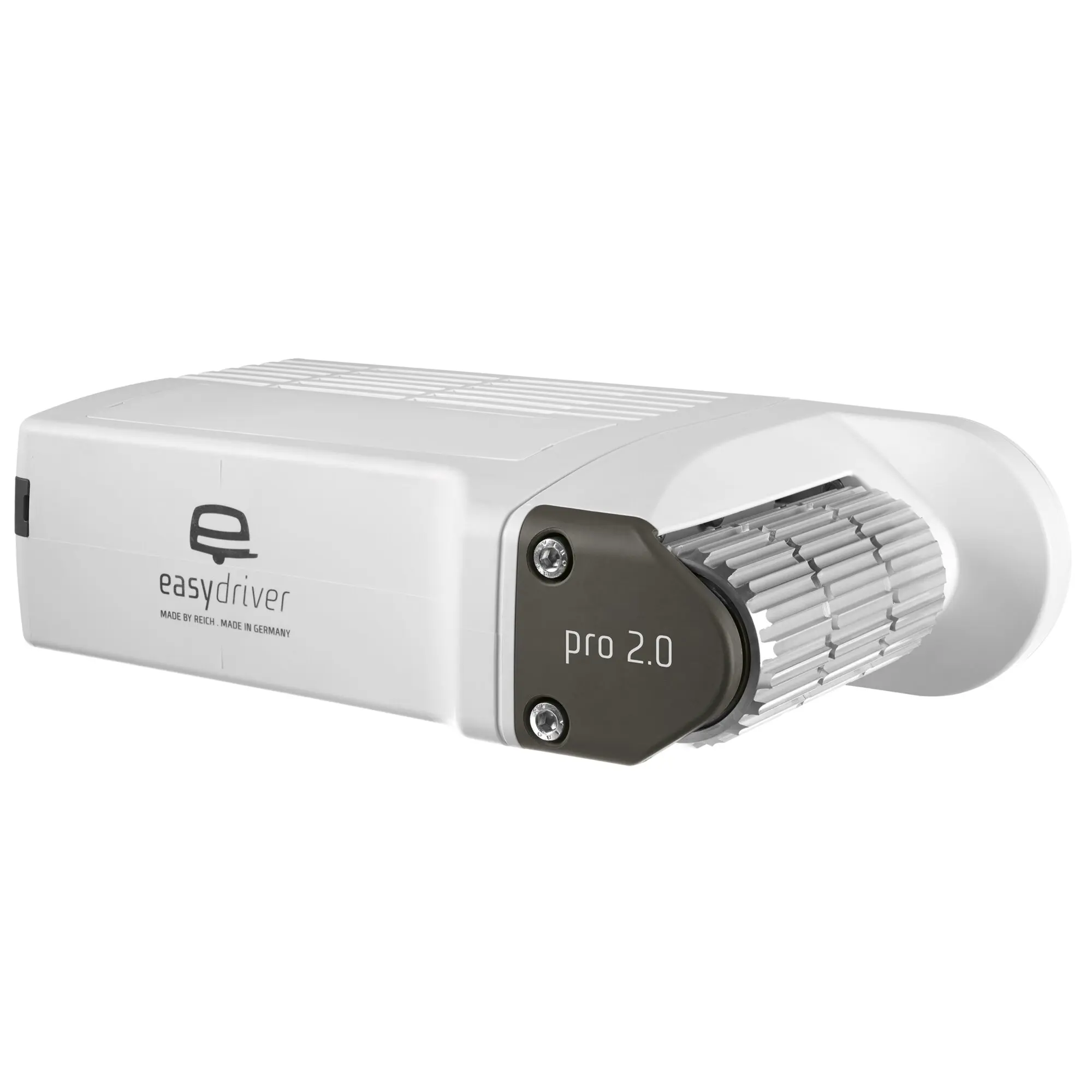 Weißer Rangierantrieb easydriver pro 2.0 mit grauer Frontblende, sichtbare horizontale Rippen an der Gehäuseseite und Logoaufdruck