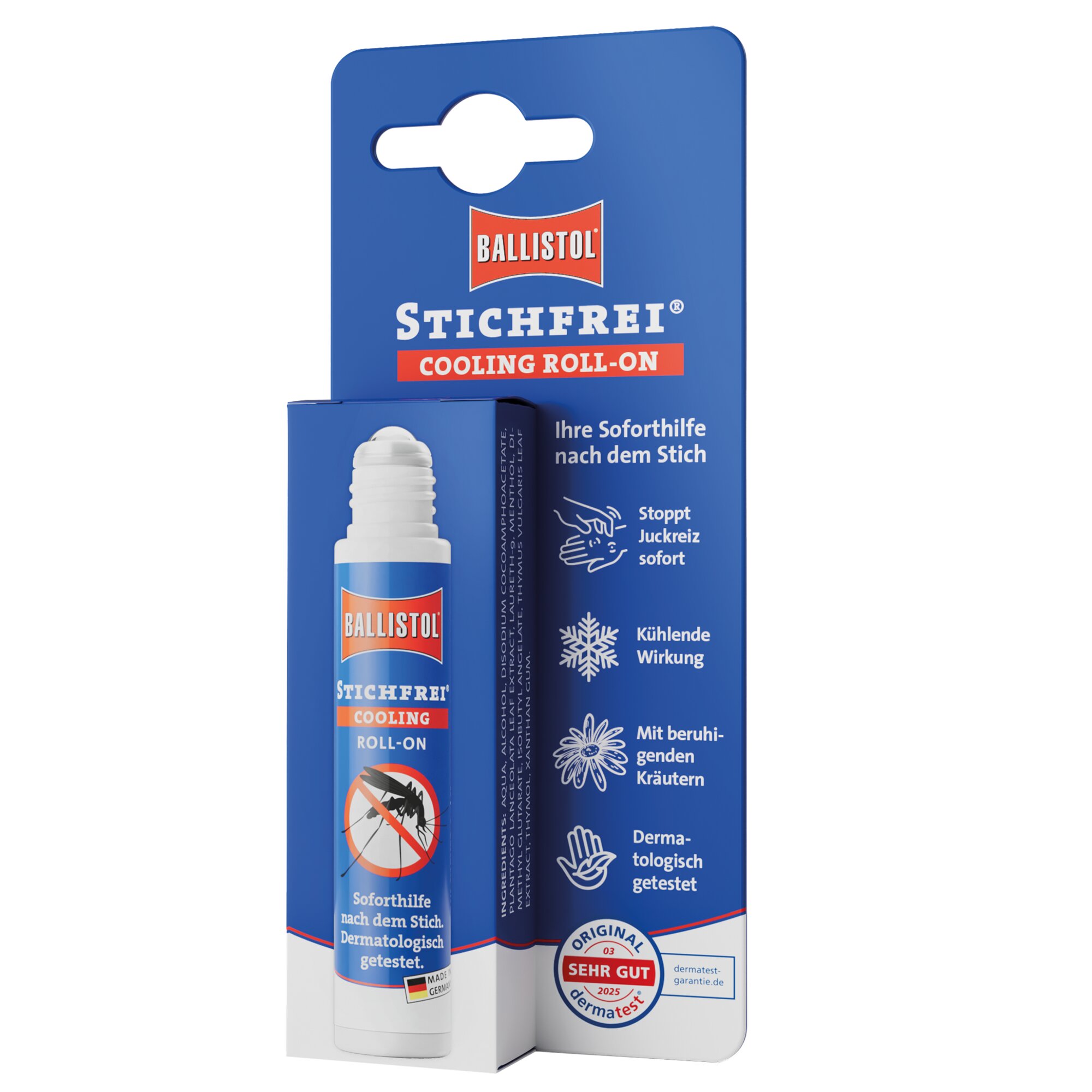 Blauer Displayständer mit Ballistol Stichfrei Cooling Roll-On, rotem Banner mit Cooling Roll-On und sichtbarer weißer Roll-On Flasche