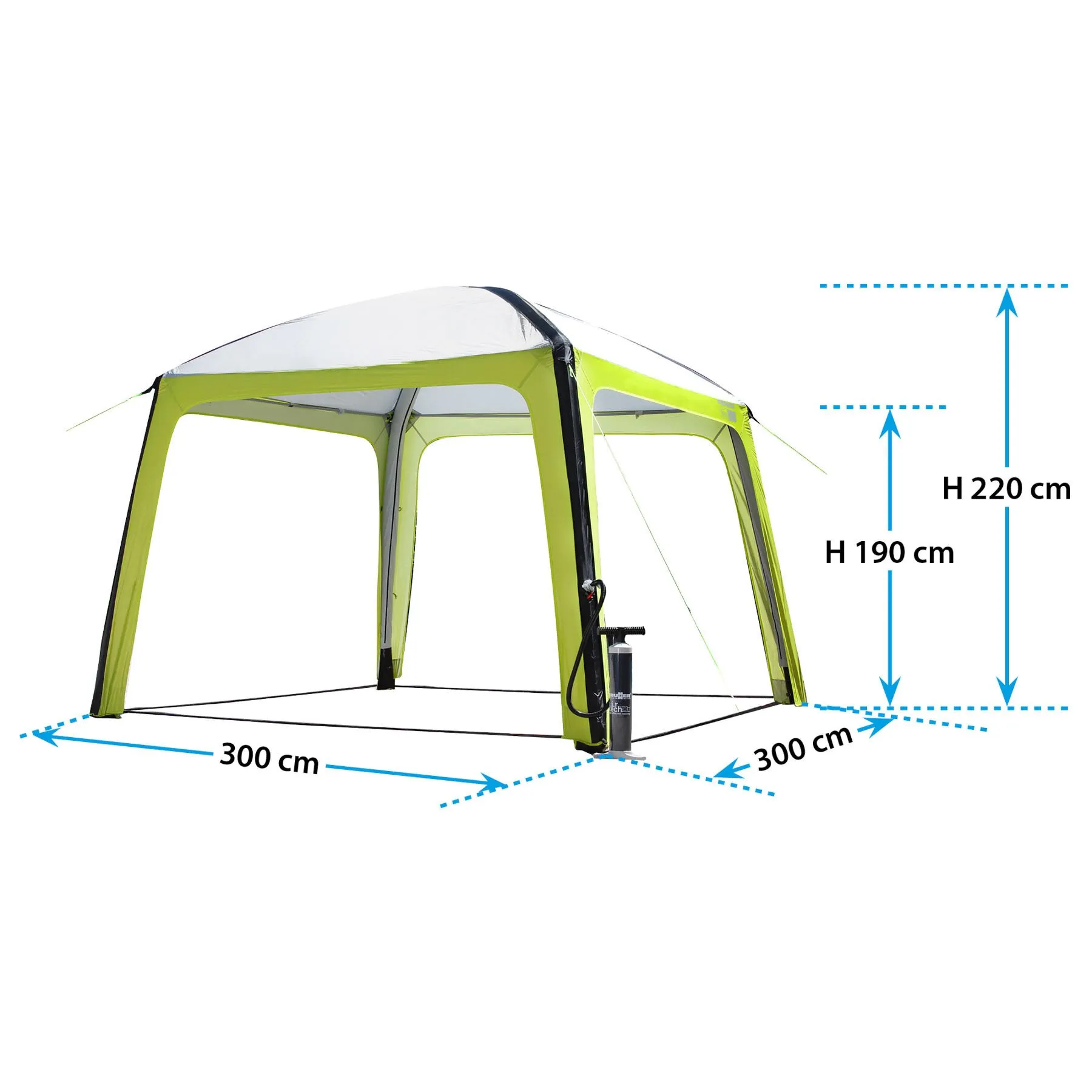 Grün-weißer Pavillon Aquamar mit offenem Aufbau, Abspannleinen und Maßangaben 300 x 300 cm sowie 190 und 220 cm Höhe