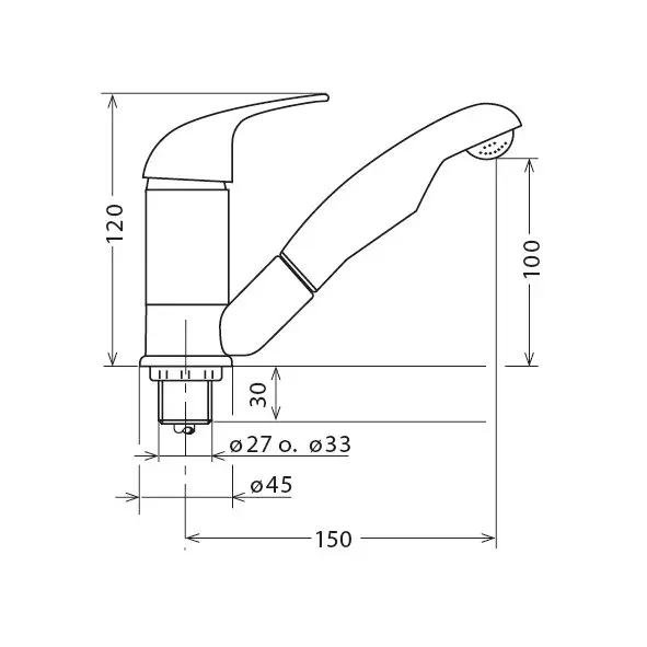 Technische Zeichnung einer Einhebelarmatur mit langem gebogenen Auslauf, Griff oben und Montagebasis, Maßlinien mit Ø27/Ø33/Ø45 und 150 mm