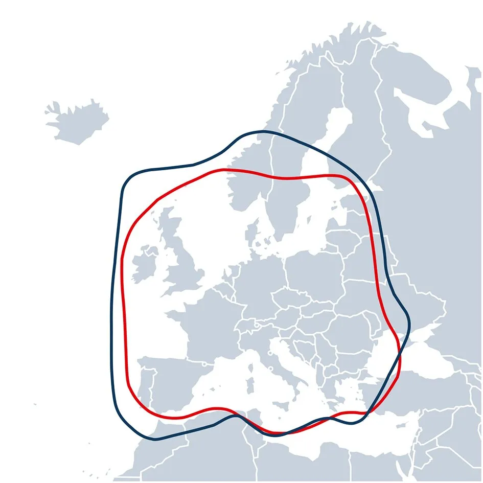 Europakarte mit roten und dunkelblauen Ausleuchtzonen der Sat-Anlage CAP 650 GPS