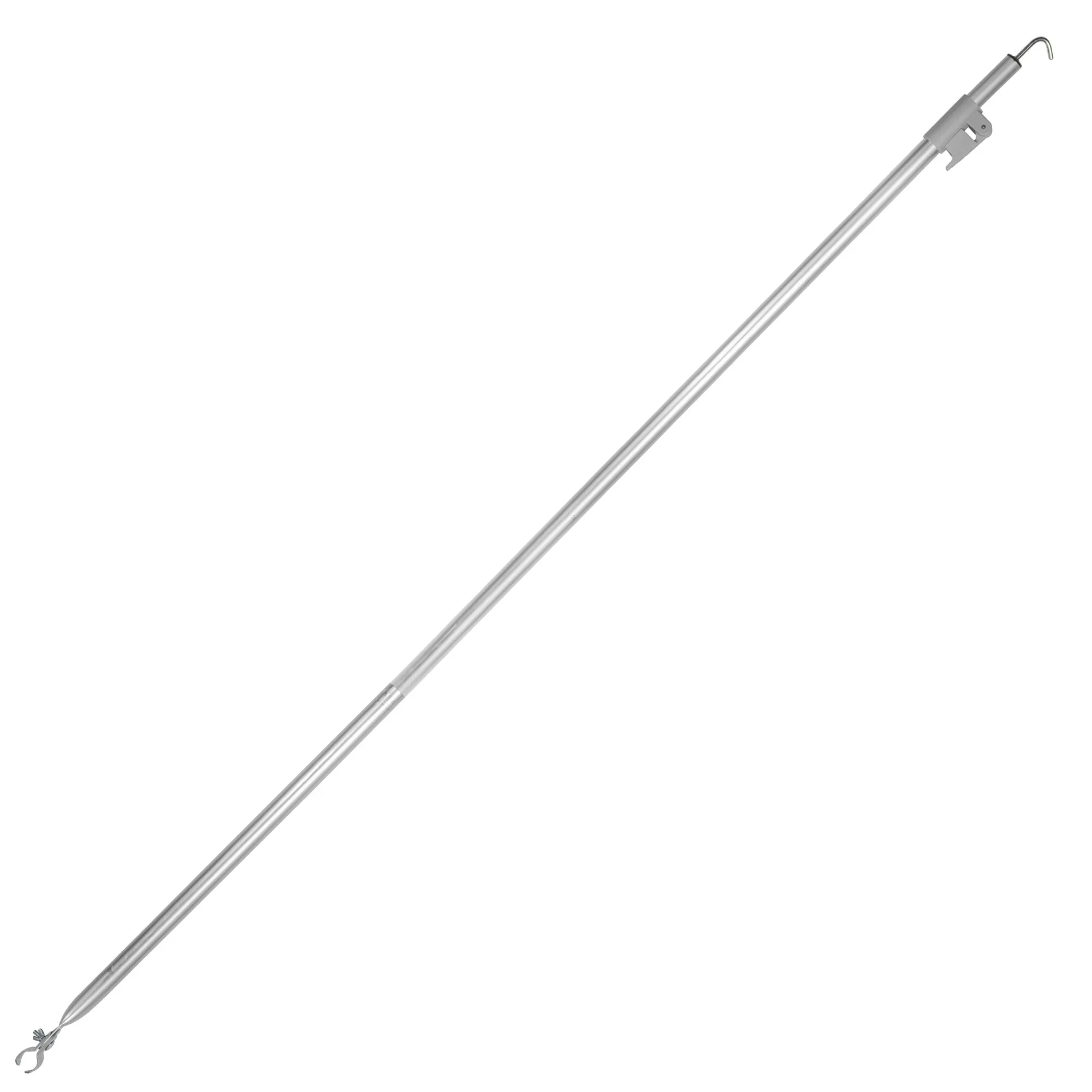 Silberfarbene Aluminium-Dachstange, 250 cm lang und 28 mm stark, mit Haken und Befestigungsklammer an den Enden
