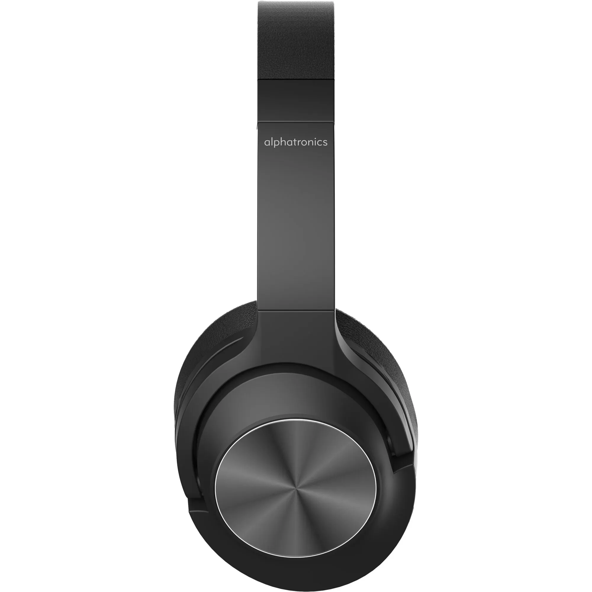 Schwarzer alphatronics Sound 5 ANC Bluetooth-Kopfhörer in Frontalansicht mit gepolstertem Bügel und rundem Metall-Ohrmuschelcover