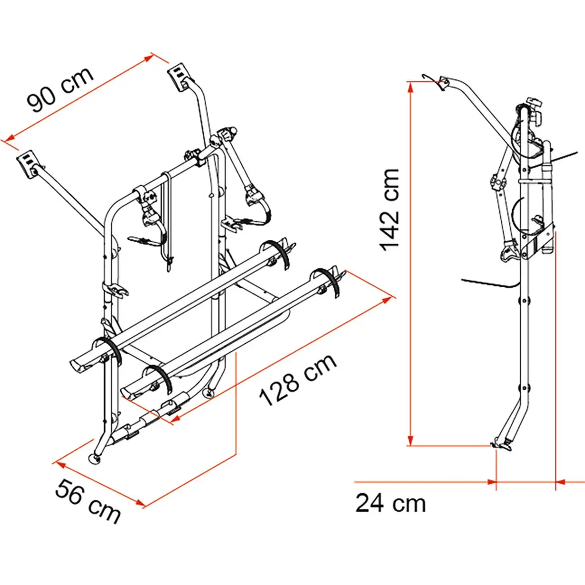 Metallischer Fahrradträger Carry-Bike VW T5 in einer Diagrammzeichnung mit zwei Aufnahmearmen, Spanngurten und Halteschienen; sichtbare Maße 90 cm, 56 cm, 128 cm, 142 cm und 24 cm