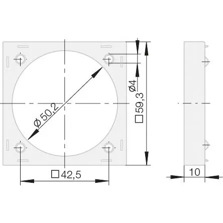 Technische Zeichnung eines quadratischen Aufbau-Distanzrings mit runder Öffnung, vier Befestigungsbohrungen und 10 mm Stärke