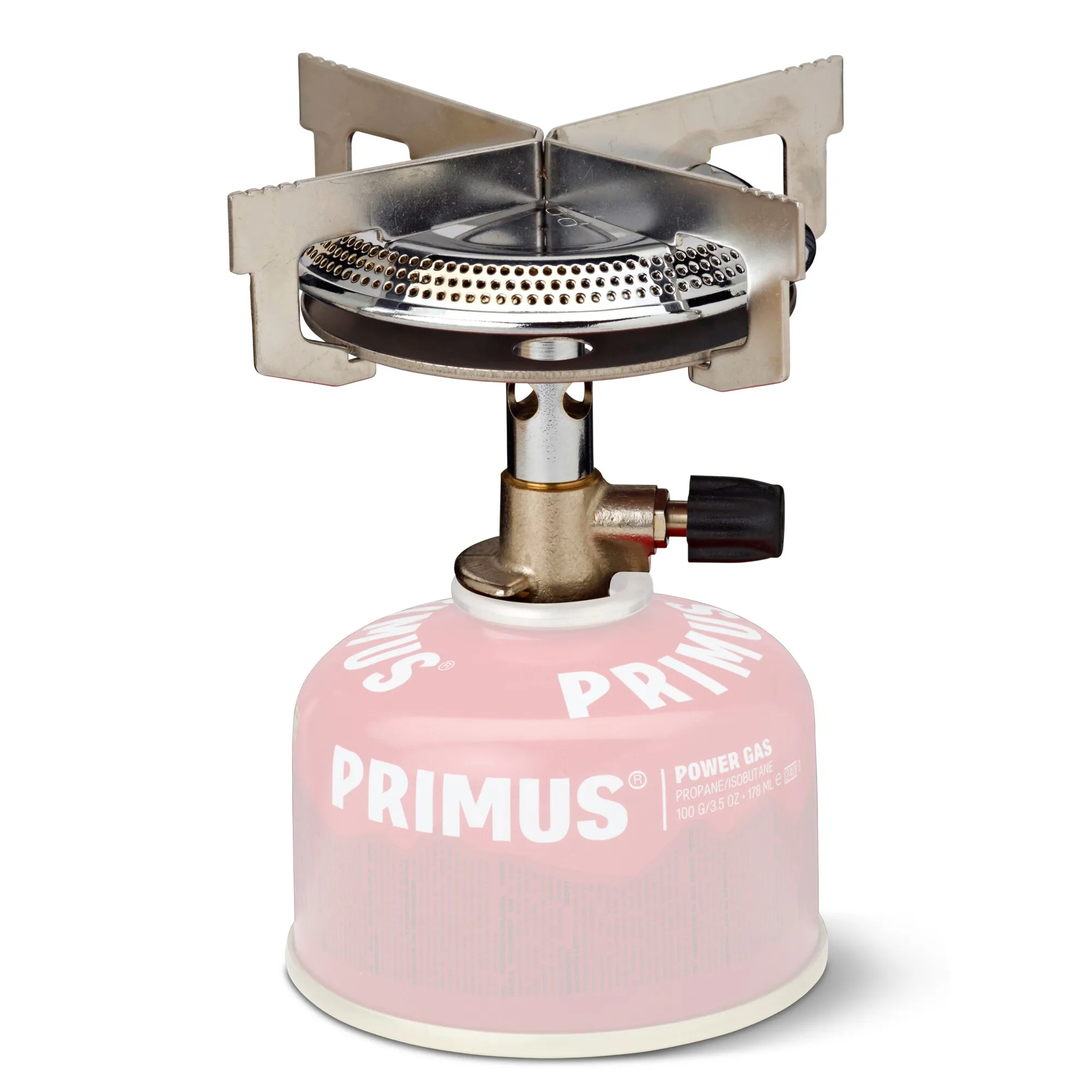 Primus Mimer Stove Gaskartuschenkocher aus Metall mit rundem Brenner, Windschutz und schwarzer Leistungsregulierung auf rosafarbener Gaskartusche