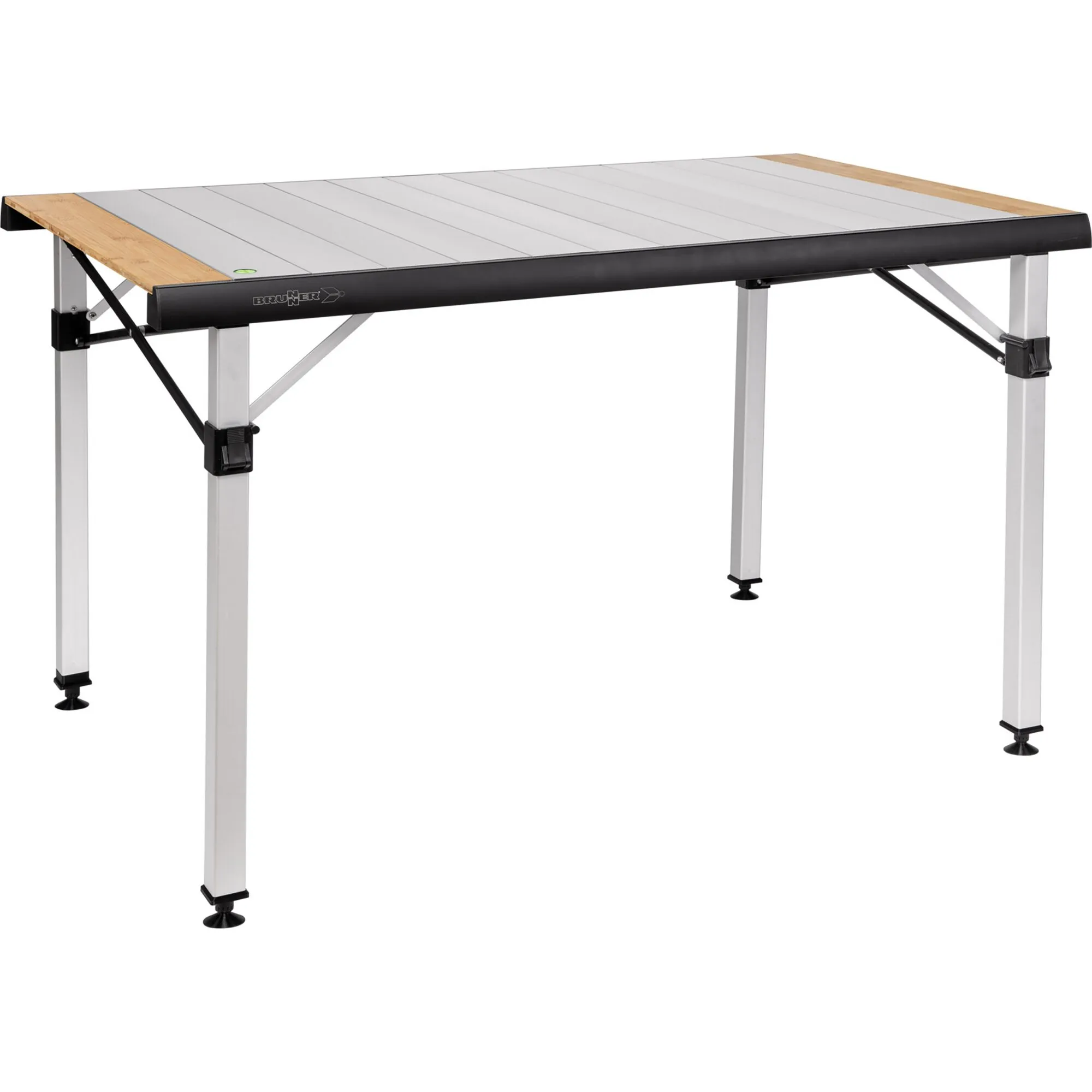 Campingtisch Quadra Tropic 4 Adjustar mit grauer, geriffelter Tischplatte, Bambusdekor an den Rändern und vier höhenverstellbaren Aluminiumbeinen