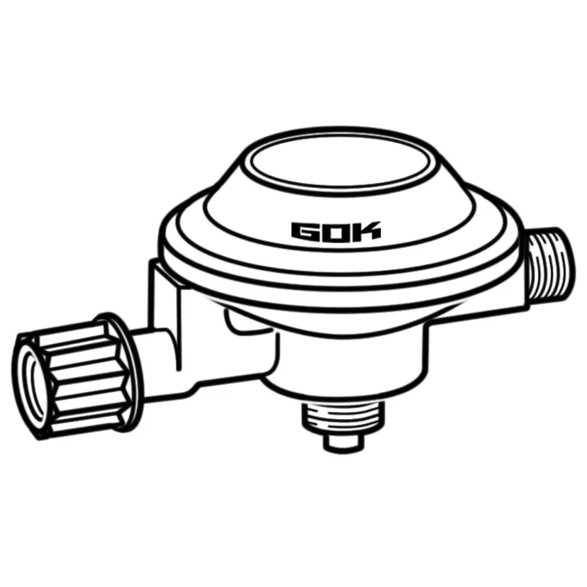 Schwarz-weiße technische Darstellung des GOK-Niederdruckreglers Camping GAZ X G 1/4 LH-KN mit Handrad und Gewindeanschlüssen