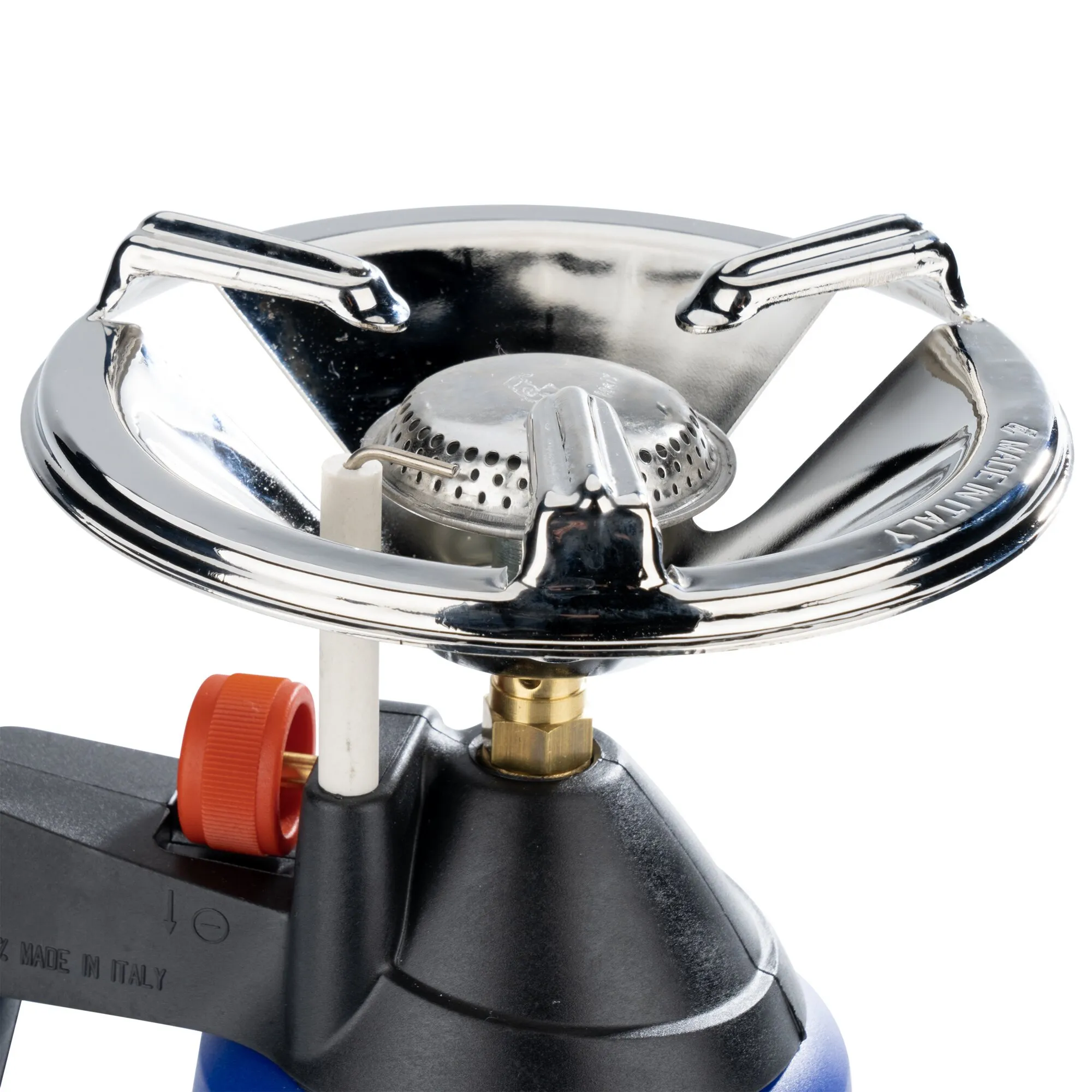 Campingkocher Vulcan 3000 in Detailansicht mit verchromtem Brennerrost, schwarzem Gehäuse und rotem Einstellrad