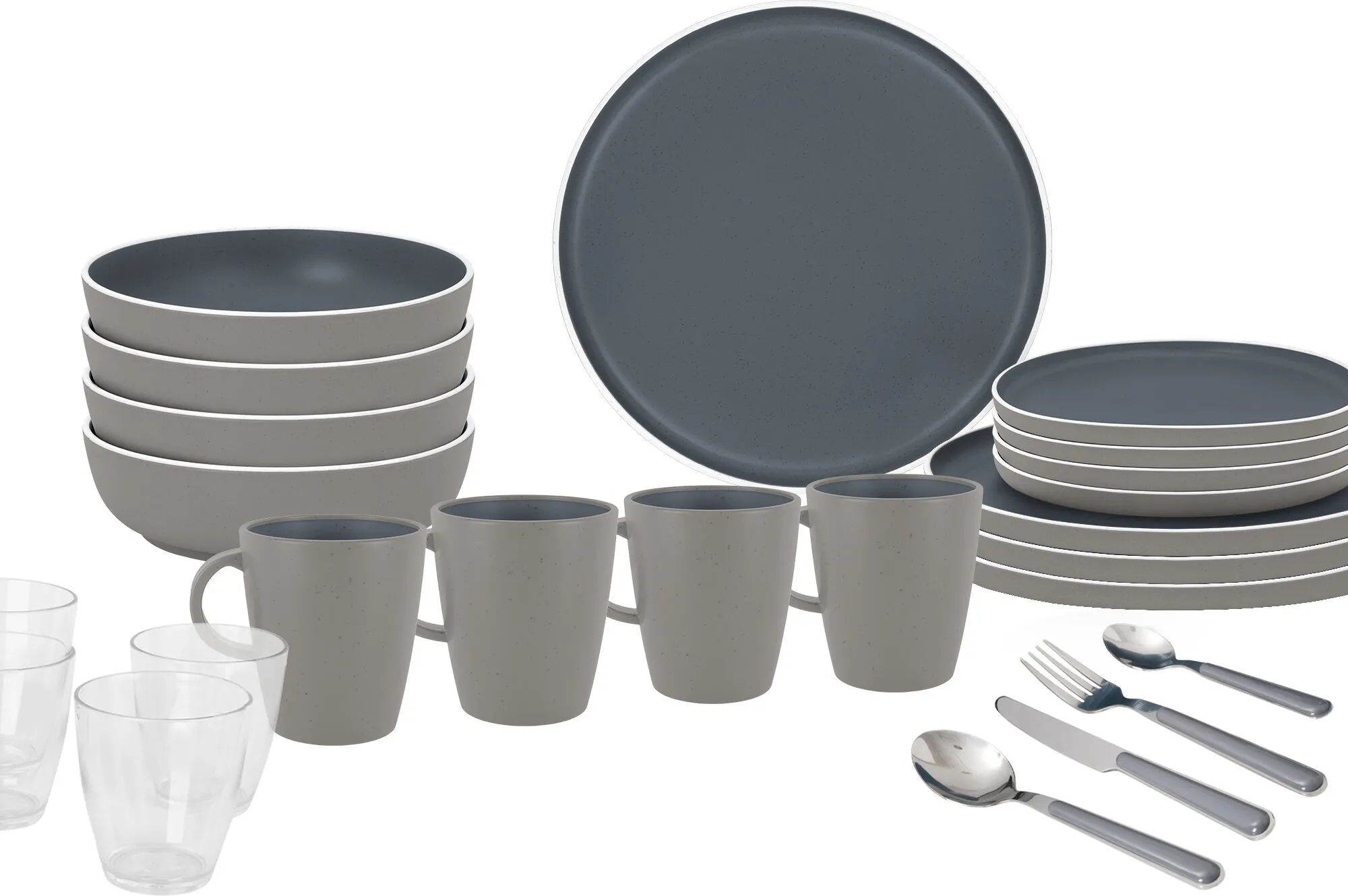 36-teiliges Geschirrset Trilogy Dark in Grau mit Schalen, Tellern, Tassen, transparenten Gläsern und Besteck