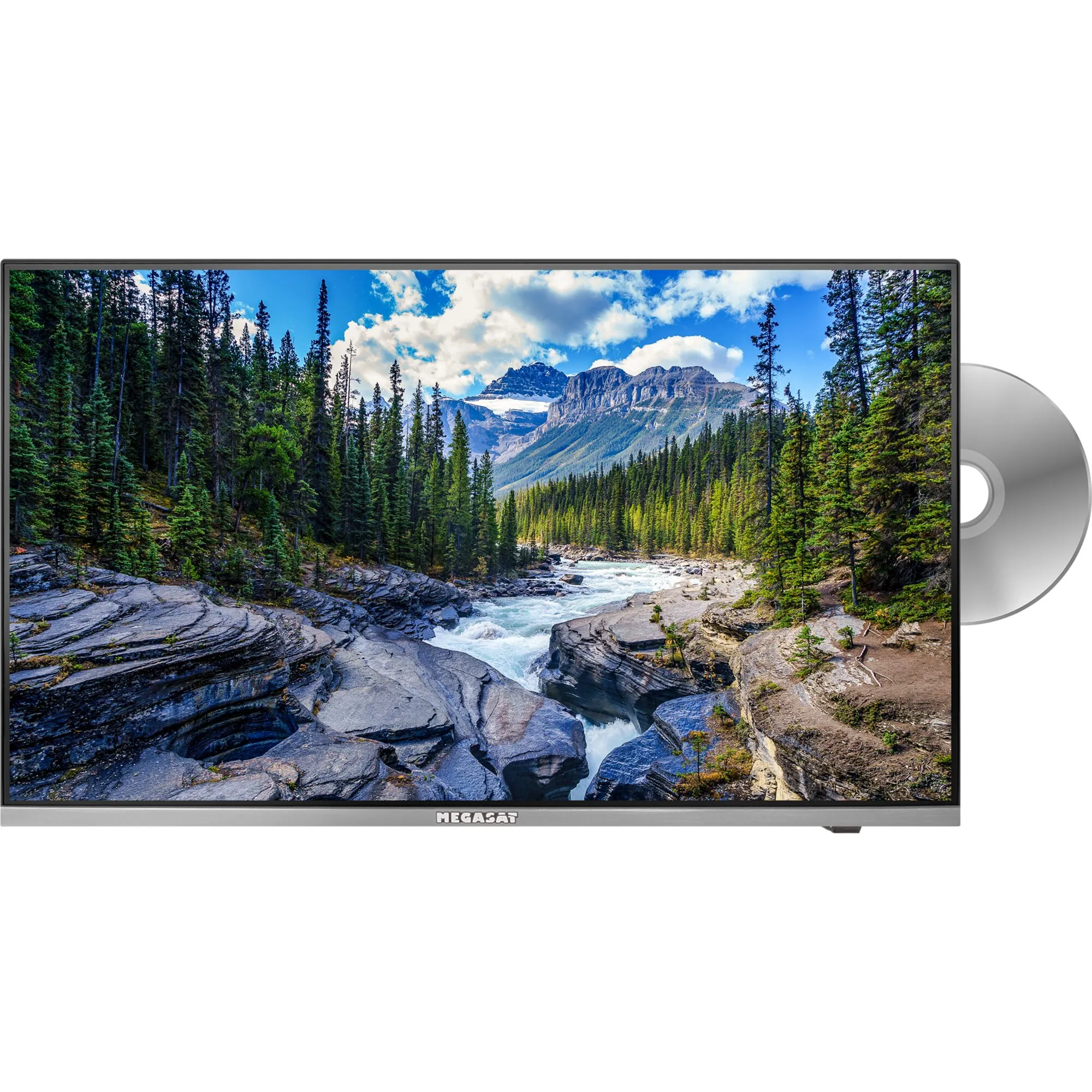 Schwarzer 32-Zoll-TFT-LED-Flachfernseher mit integriertem DVD-Player, Berglandschaft auf dem Bildschirm und MEGASAT-Logo