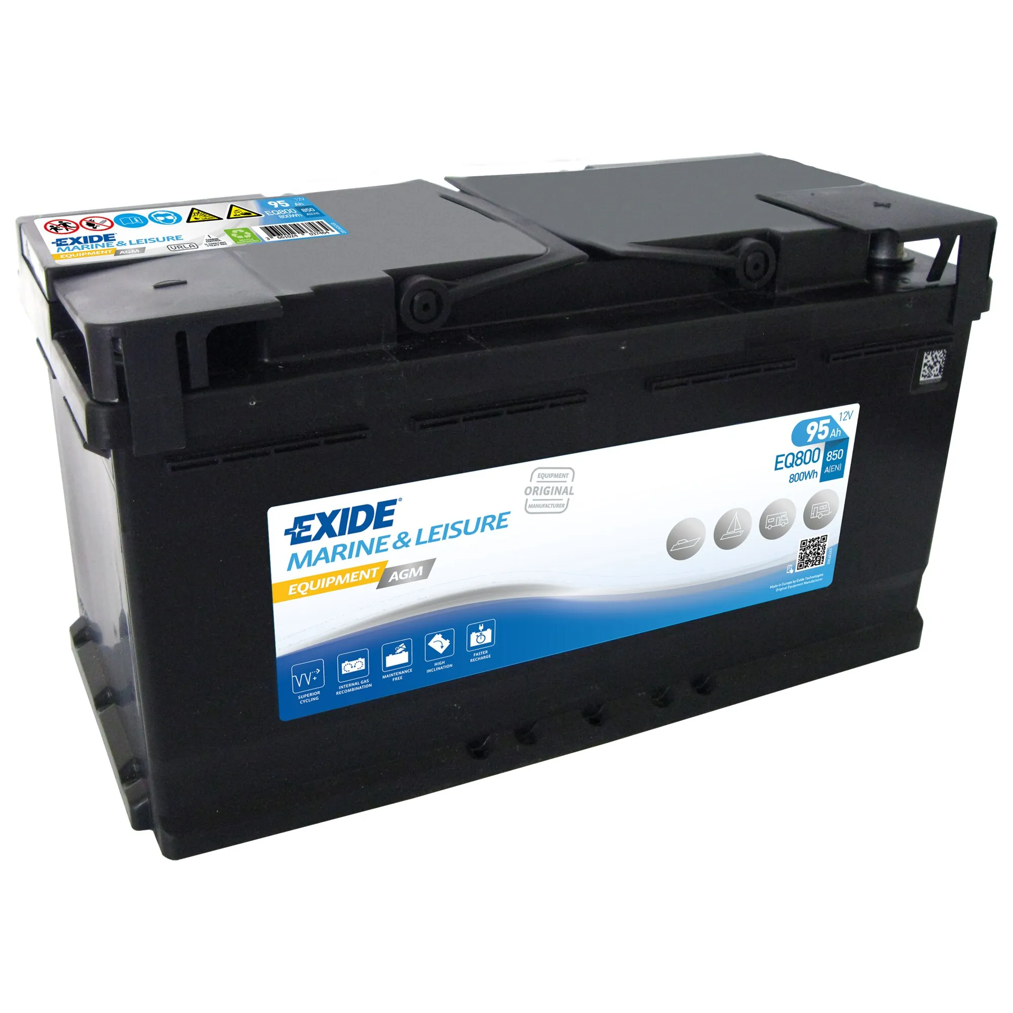Schwarze Exide Marine-&-Leisure-AGM-Batterie Equipment mit 12 V, 95 Ah und Tragegriffen in schräger Seitenansicht