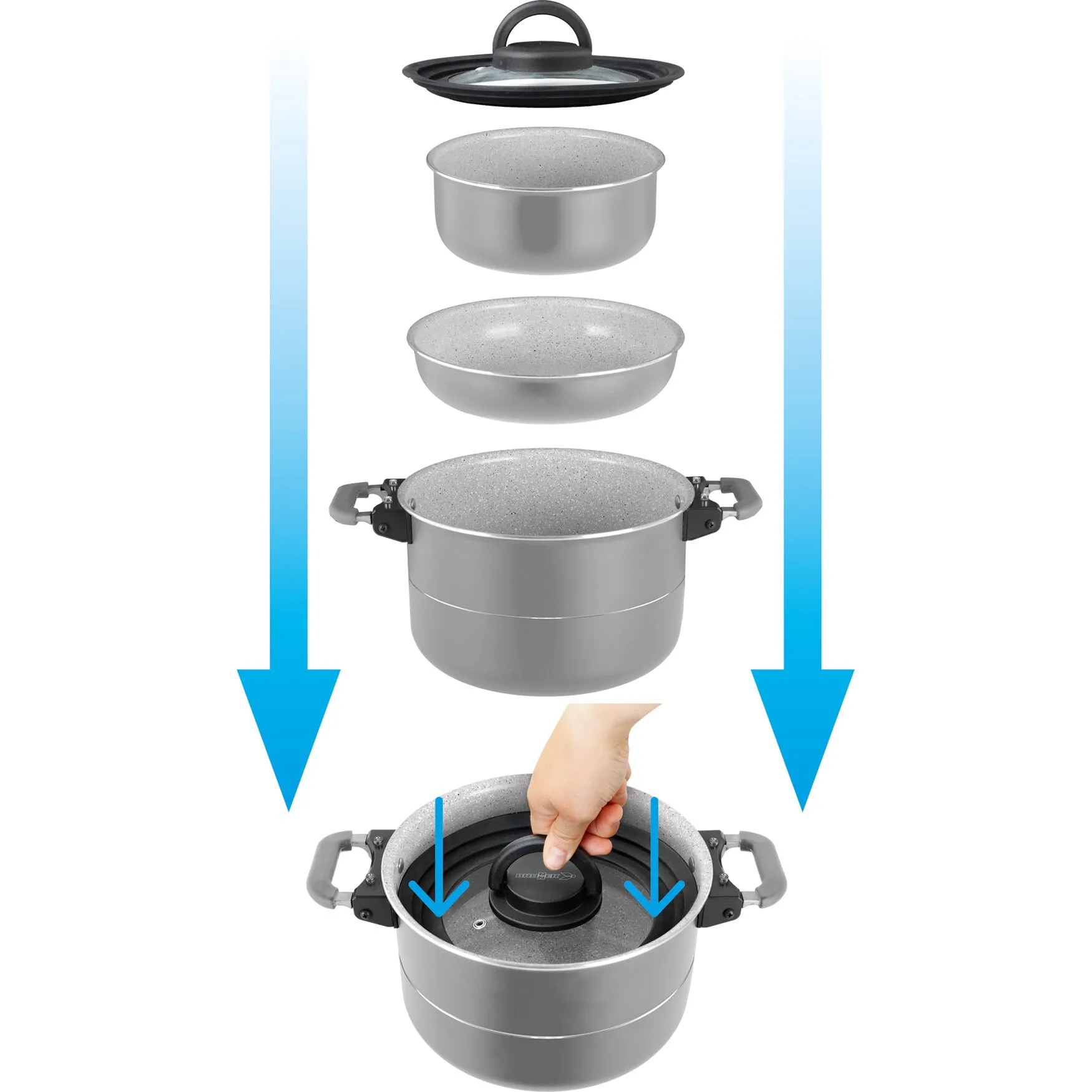 Topfset Fusion 7 + 1 mit vier ineinander stapelbaren silbernen Töpfen, Deckel und abnehmbaren Griffen in einer Montageansicht