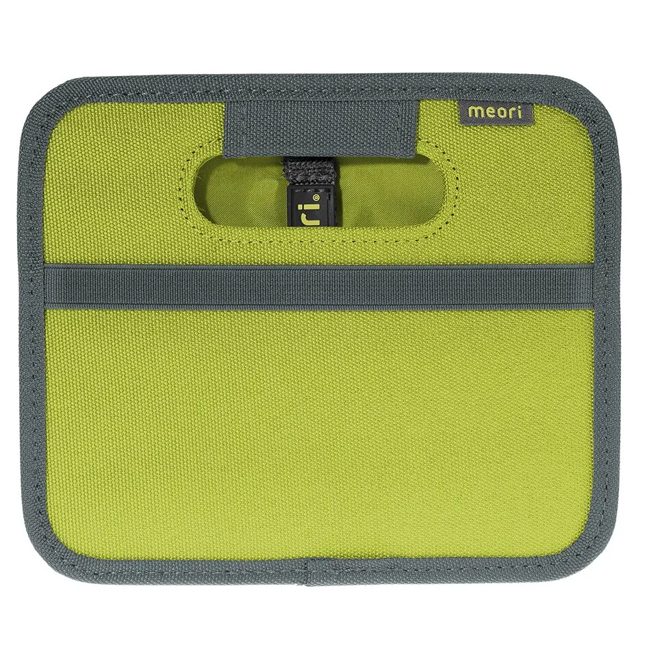 Faltbox meori Mini in Spring Green, frontal zusammengefaltet mit dunkelgrauem Rand, Tragegriff und meori-Logo
