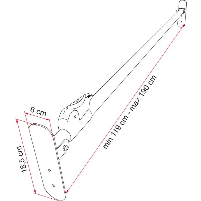 Technische Zeichnung der Sicherheitsstange Duo Safe Pro mit zwei Befestigungsplatten, verstellbar von 119 bis 190 cm, Platte 18,5 × 6 cm