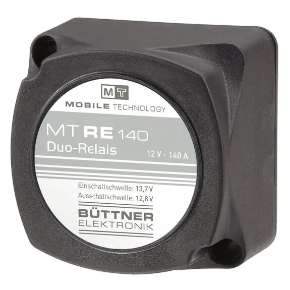 Schwarzes Trennrelaisgehäuse mit rundem Label MTRE 140 Duo-Relais, 12 V, 140 A, Einschaltschwelle 13,7 V, Ausschaltschwelle 12,8 V