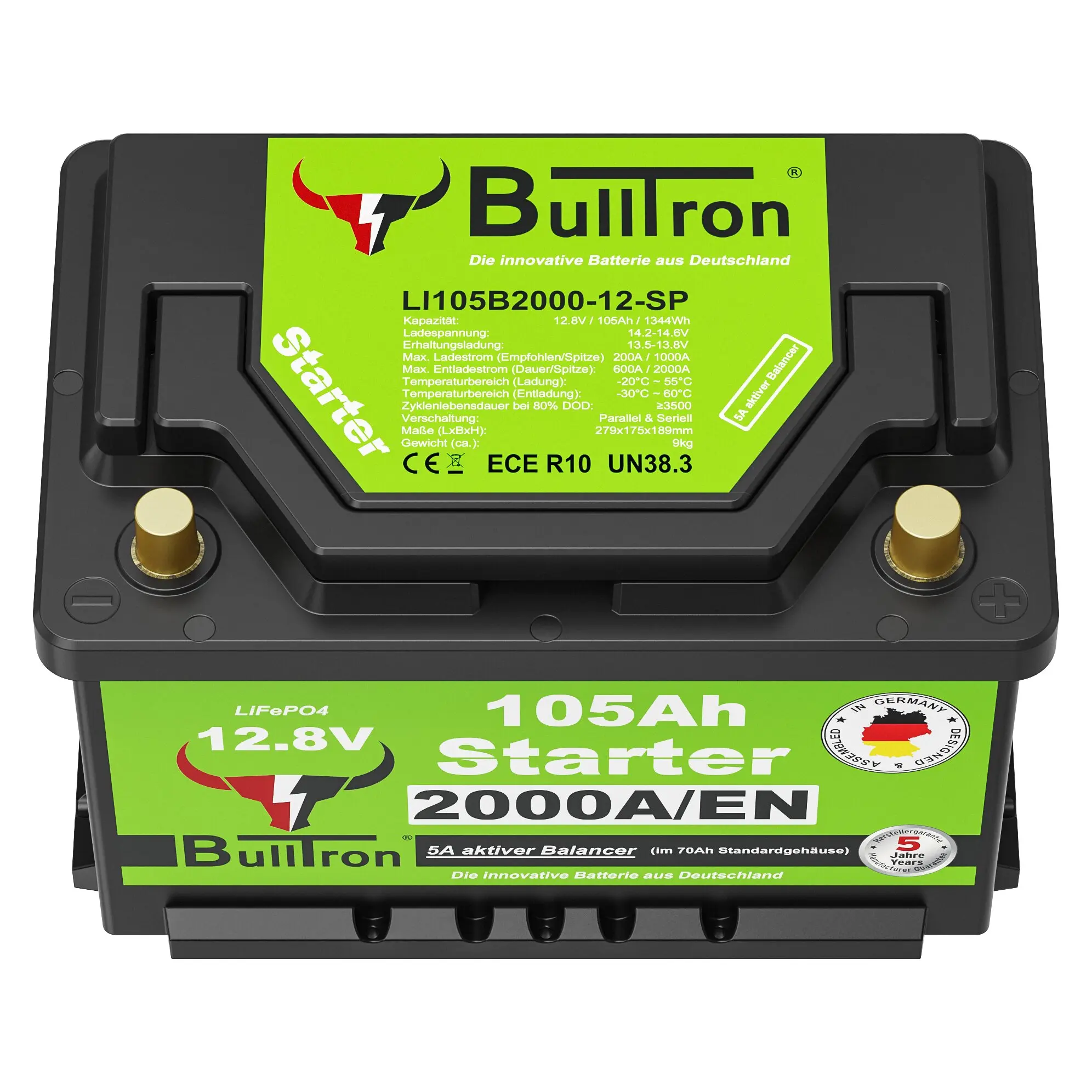 Topansicht einer schwarzen Lithium-Starterbatterie mit neon-grünen Etikett und BullTron-Logo, sichtbare Anschlüsse, Angaben 12,8V, 105Ah, 2000A