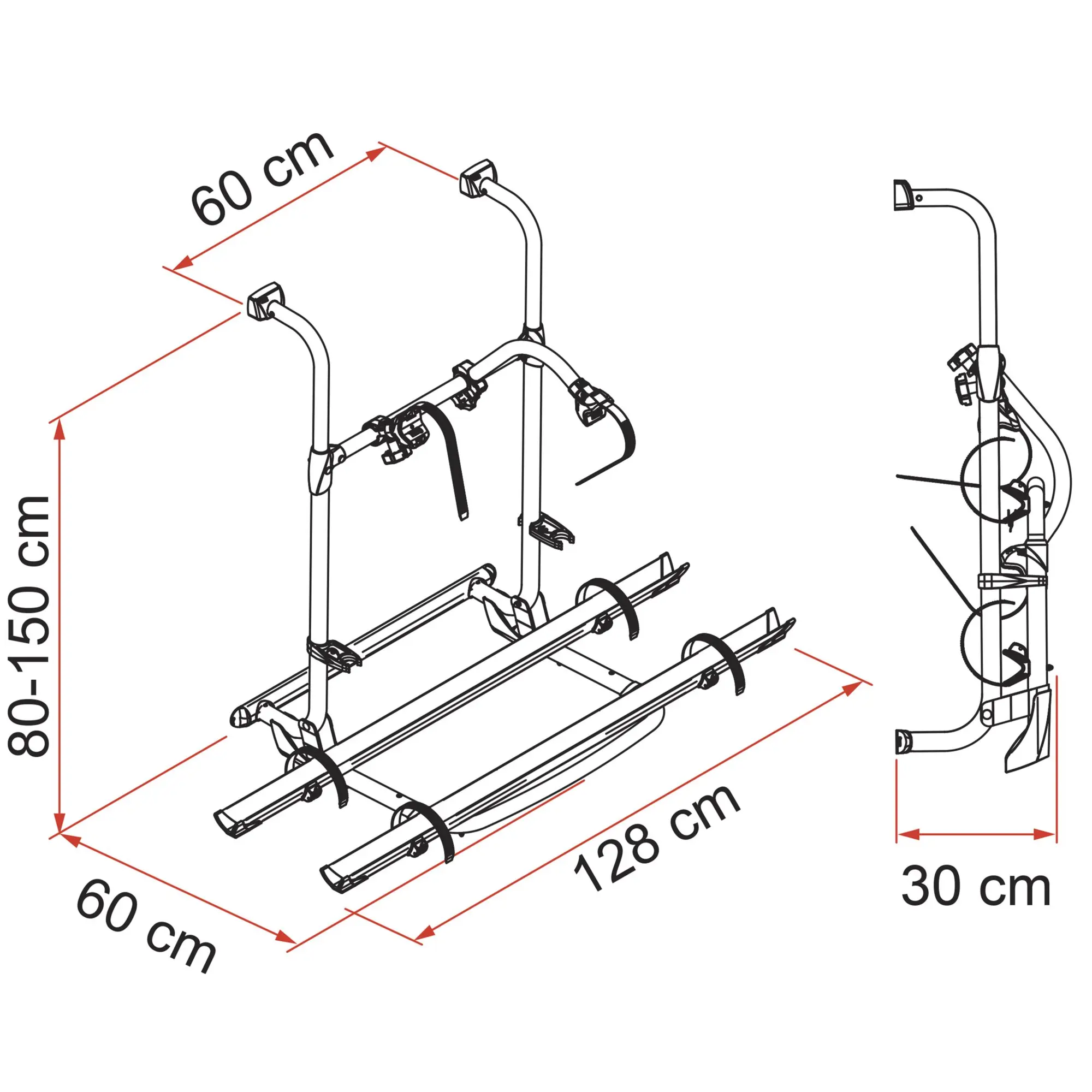 Technische Zeichnung eines Fahrradträgers mit Traggestell und Halterungen, rote Maßlinien zeigen Breite 60 cm, Länge 128 cm, Höhe 80–150 cm, Tiefe 30 cm