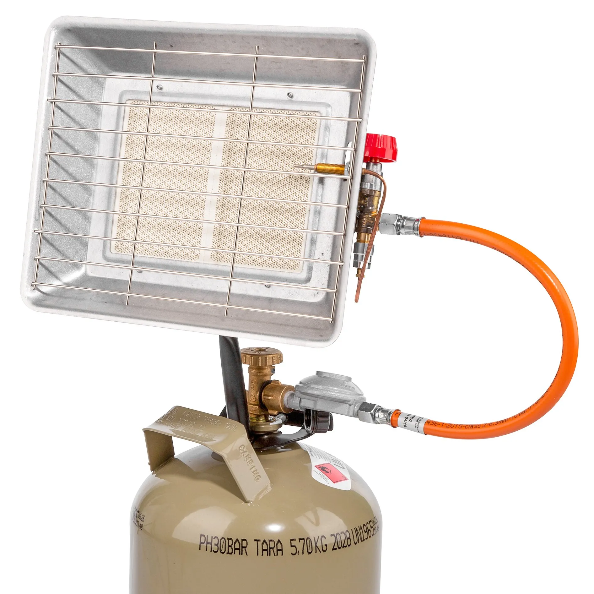 Infrarot-Gewerbestrahler 4200 Z mit rechteckigem Keramik-Heizelement, Schutzgitter, Gasregler, orangem Schlauch und Propangasflasche