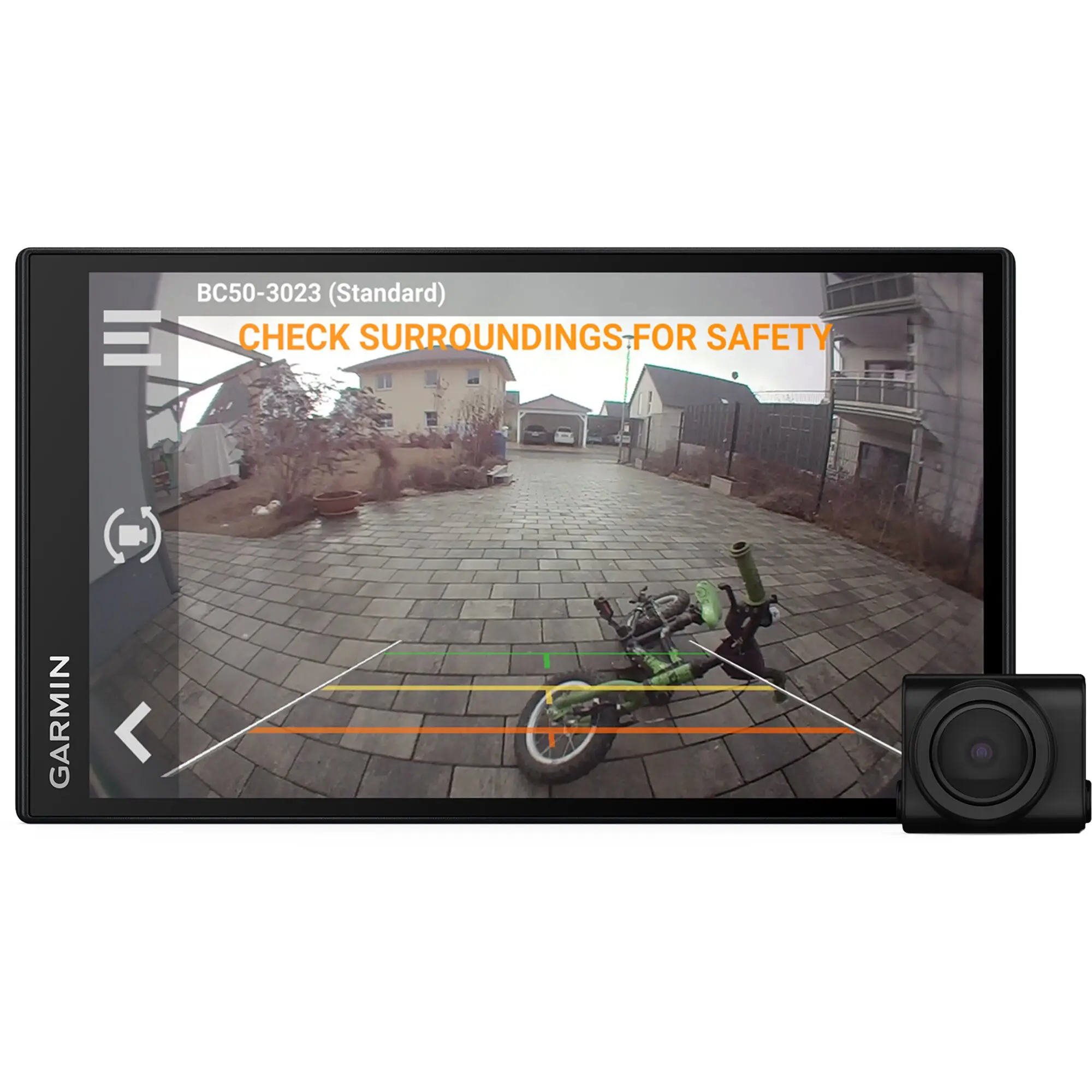 Rückfahrkamera-Display von Garmin BC50 zeigt BC50-3023 mit orangefarbener Warnschrift CHECK SURROUNDINGS FOR SAFETY