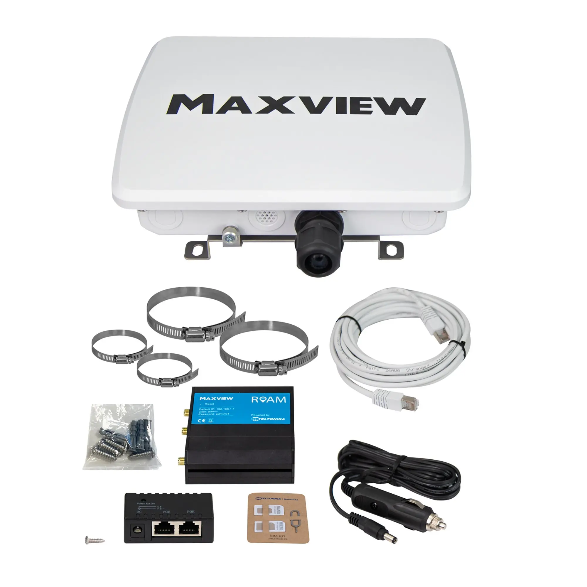 Maxview Roam Basecamp Set mit weißem Gehäuse, Logo, Netzwerkkabel, Montageschienen, Bandklemmen, Schrauben, Netzteil und blauem Roam-Modul