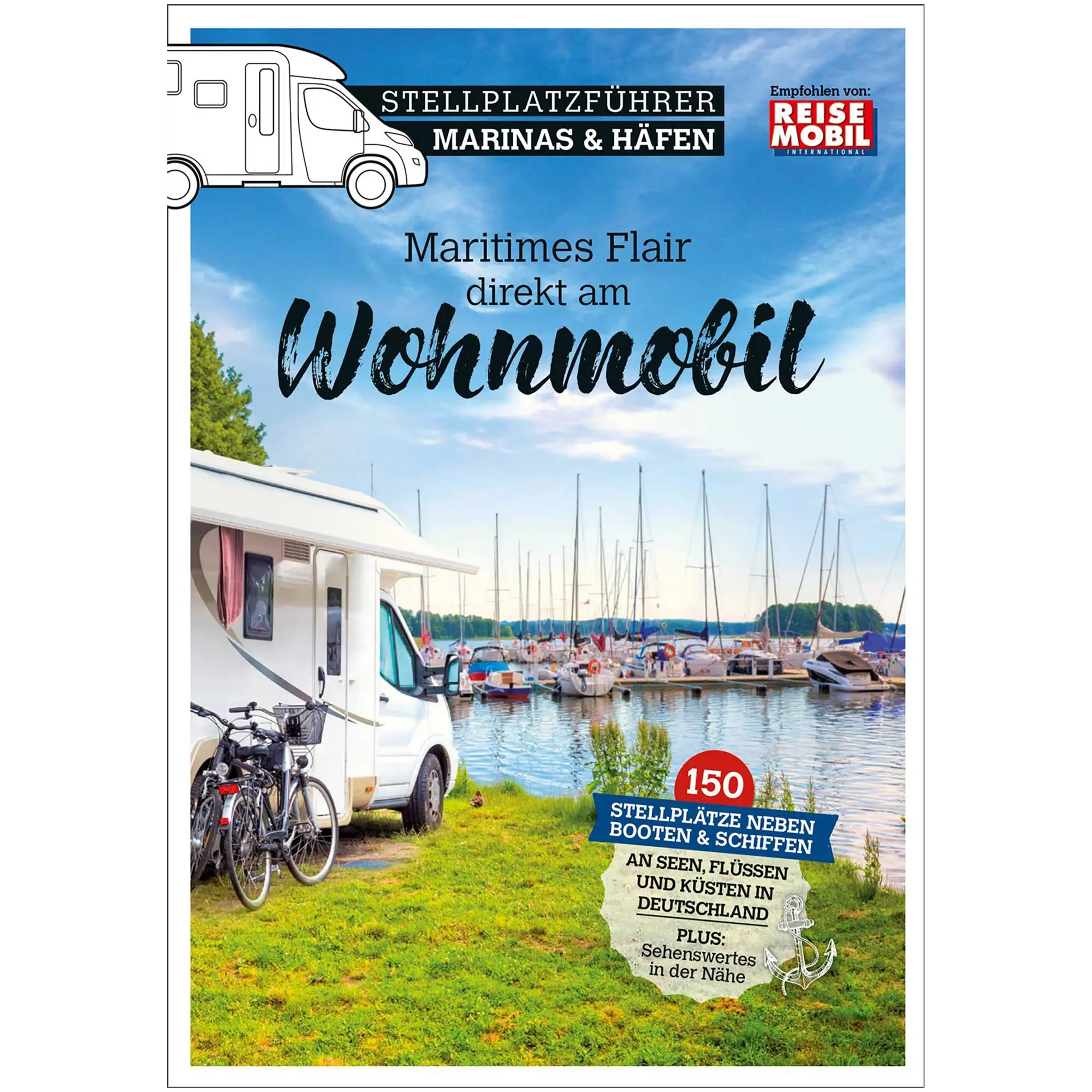 Titelseite des Stellplatzführers Marinas & Häfen zeigt ein Wohnmobil am Hafenrand, Boote in der Marina und blauem Himmel