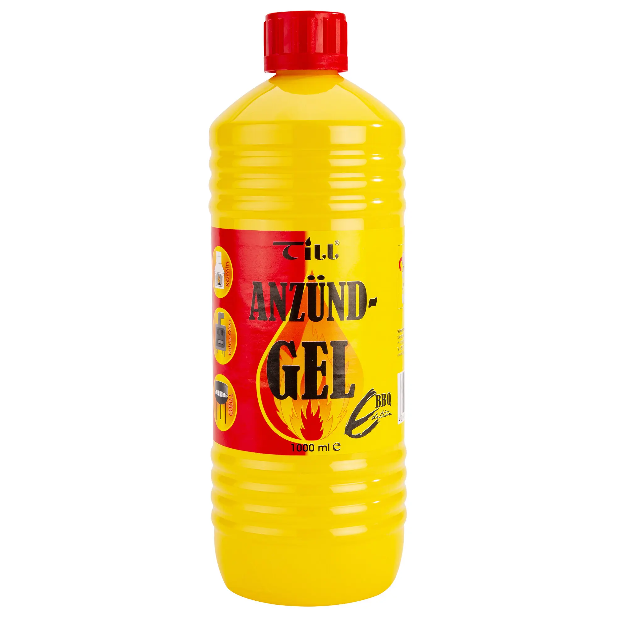 Gelbe Kunststoffflasche mit rotem Schraubverschluss, rotes Etikett mit Flammenlogo und der Aufschrift ANZUND-GEL, Fassungsvermögen 1000 ml