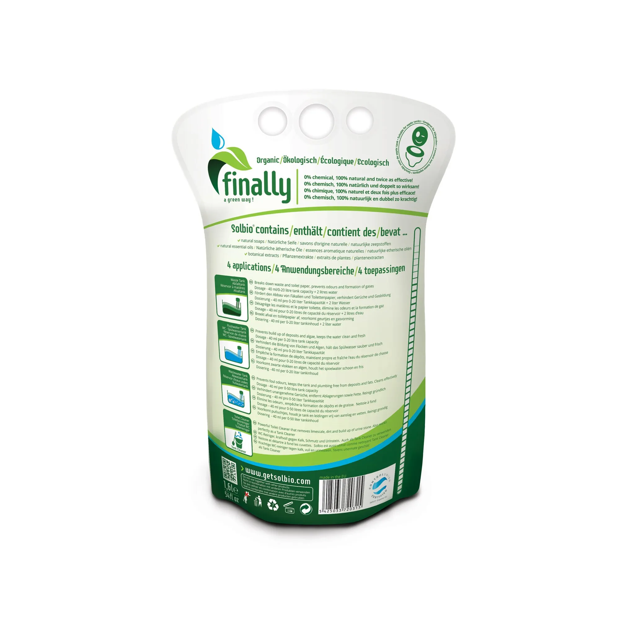 Grün-weißer Beutel von finally mit Toilettenzusatz 4 in 1 für Campingtoiletten, Inhalt 1,6 Liter, rückseitig beschriftet