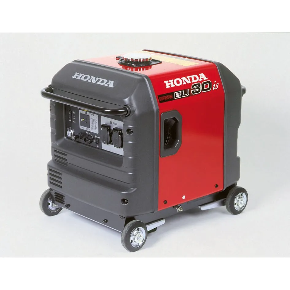 Roter und schwarzer Honda Stromerzeuger EU30iS mit Bedienfeld, Tankdeckel und vier Rädern, 3000 W