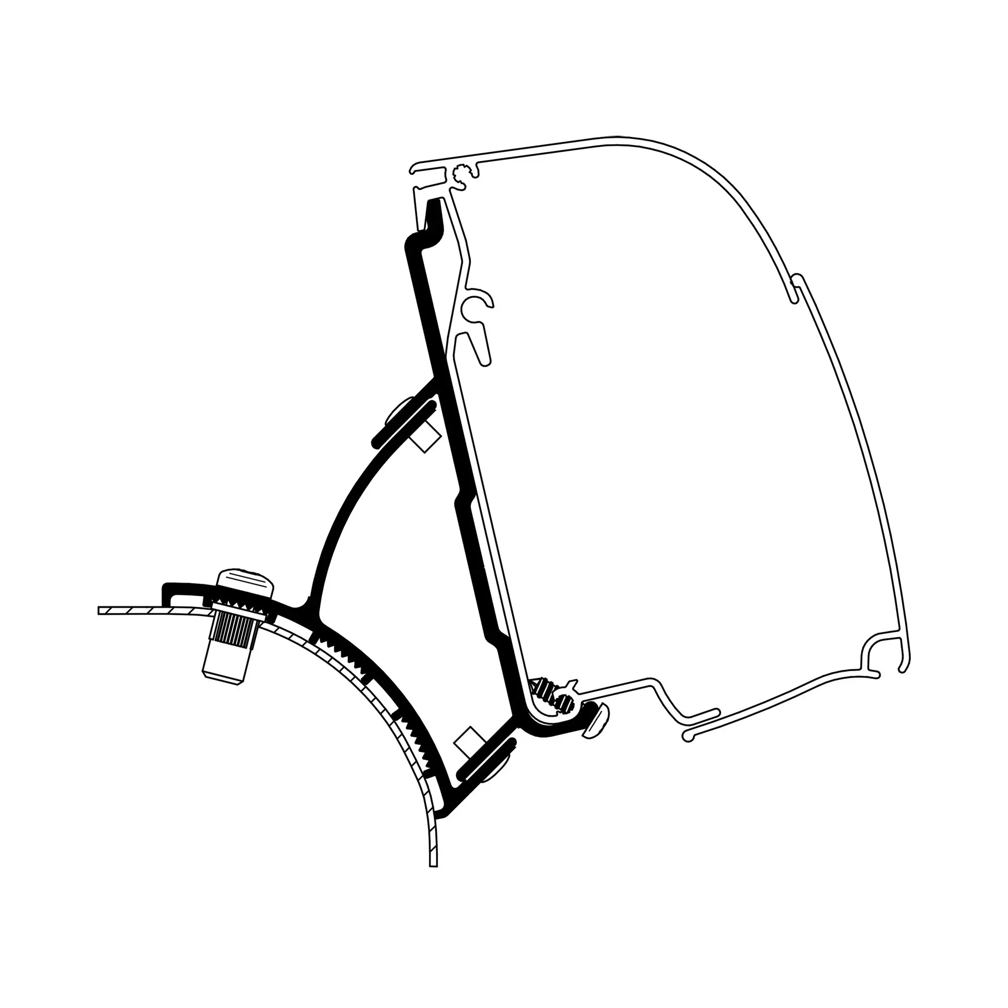 Schwarzweiß-Skizze eines Fahrradrahmen adapters mit Klemme, Schraubverbindung und gebogener Halterung