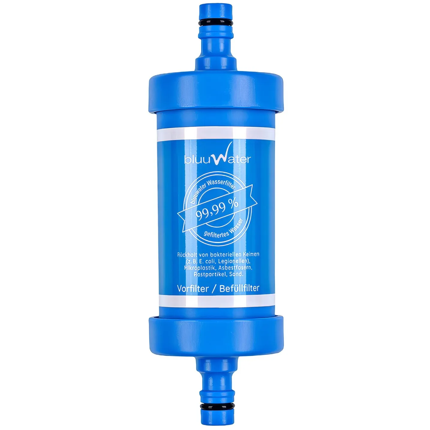 Blauer zylindrischer bluuwater Wasserfilter mit Anschlüssen oben und unten sowie Aufdruck „Vorfilter / Befüllfilter“