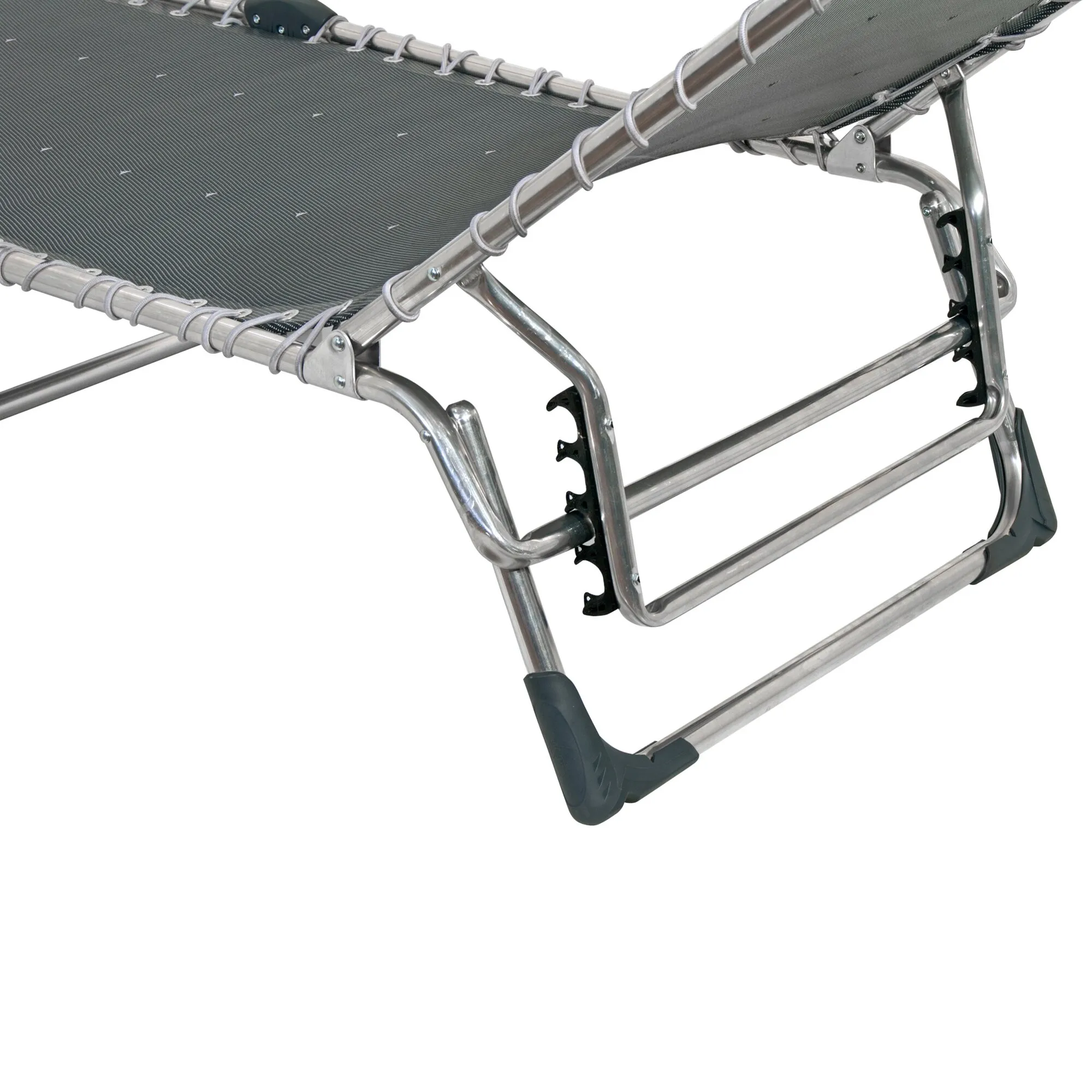 Detailaufnahme der Dreibeinliege AL/367 Classic mit dunkelgrauer Liegefläche, silbernem Aluminiumgestell und schwarzen Verstellbeschlägen