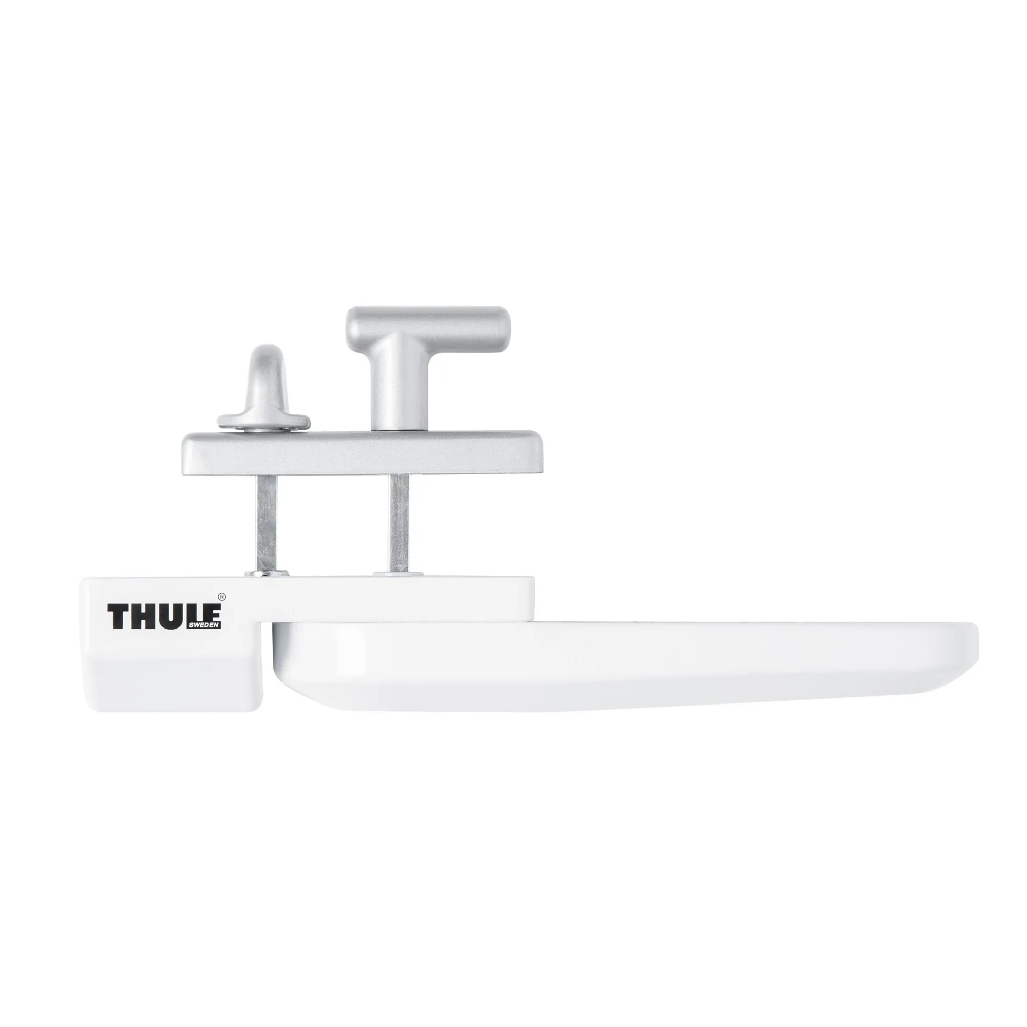 Weiße Thule Inside Out Lock G2 Türverriegelung mit langem Griff, T-förmigem Riegel und zwei Befestigungsstangen in Seitenansicht