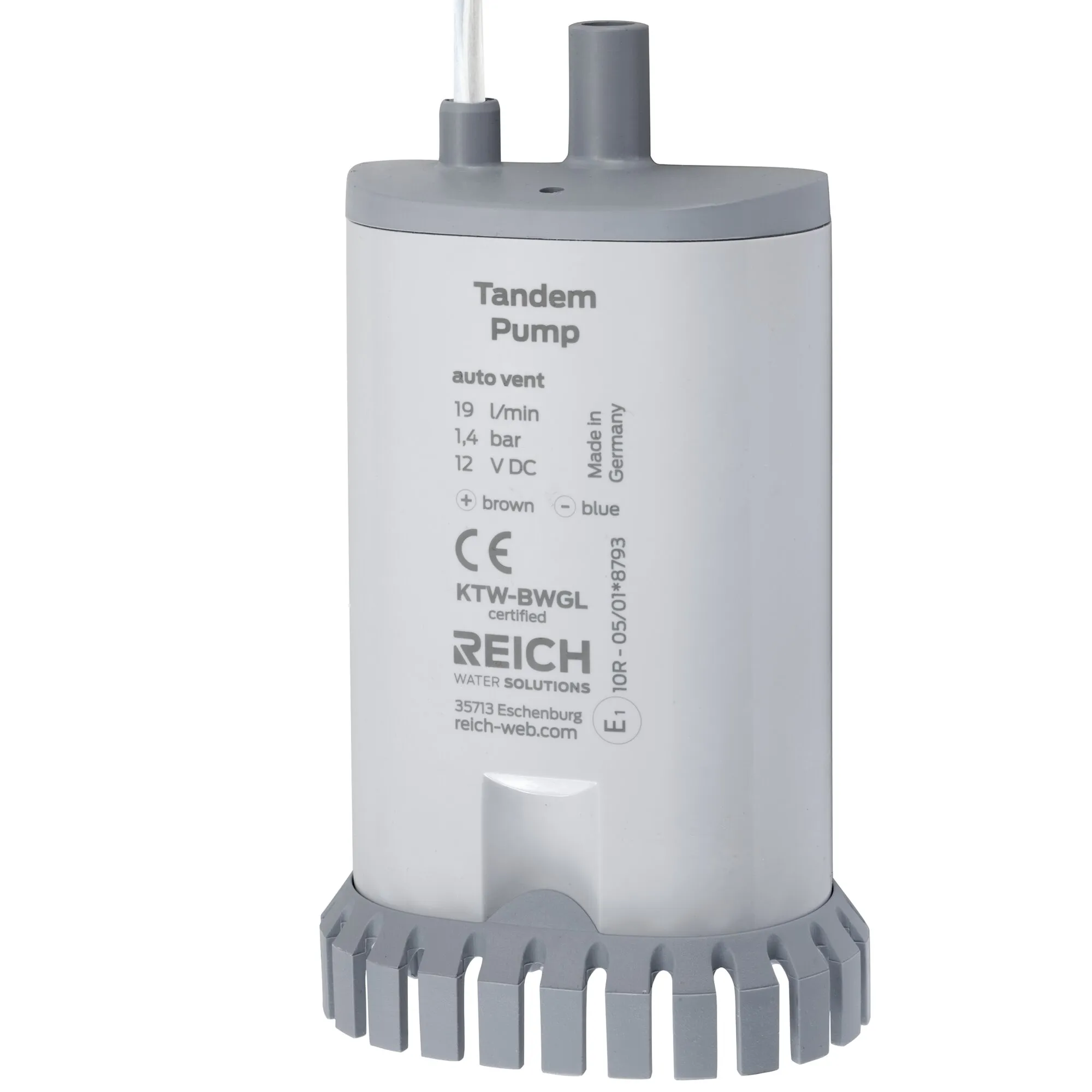Graue und weiße Tauchpumpe Tandem von Reich mit Ansaugschutzgitter, Anschlussrohren und sichtbarer Beschriftung 12 V DC