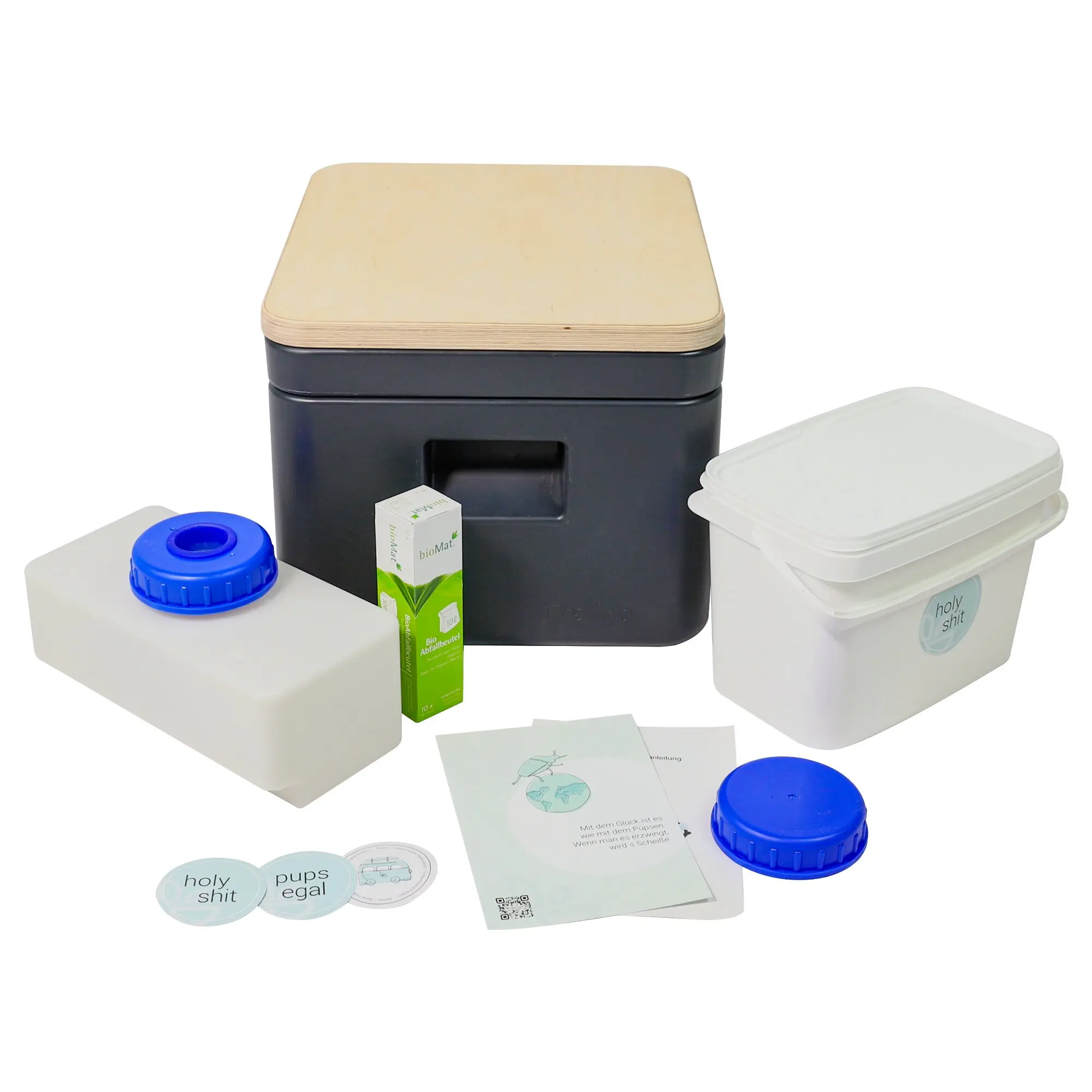 Mehrteiliges Kit für Trenntoilette mit schwarzem Basisbehälter und Holzdeckel, weiße Behälter mit blauem Deckel, Anleitung und Aufkleber
