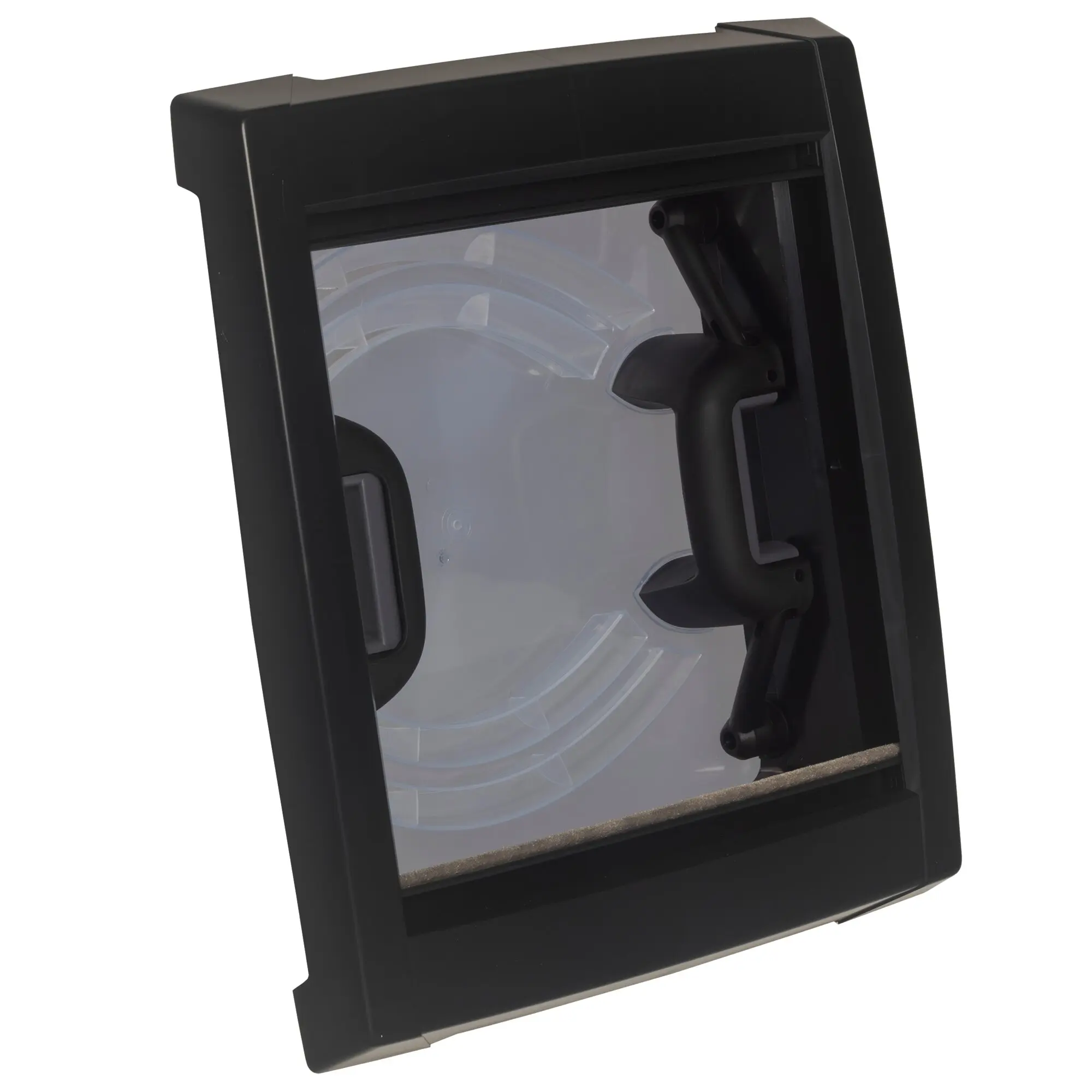 Schwarze Dachhaube VisionVent S pro mit Fliegengitter und Verdunkelung, Gehäuserahmen und transparente Front mit Öffnungsmechanik
