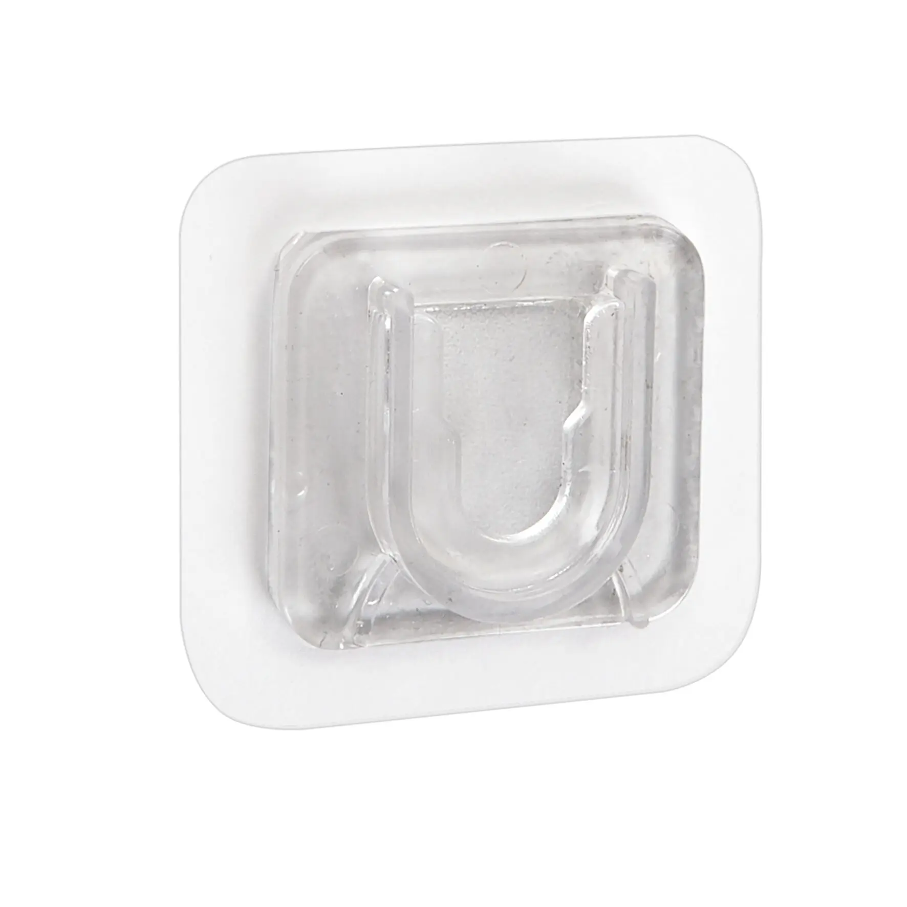 Weiße Toilettenbürste in transparenter Kunststoffverpackung, quadratisches Blister-Set mit abgerundeten Ecken und sichtbarem Innenhalter