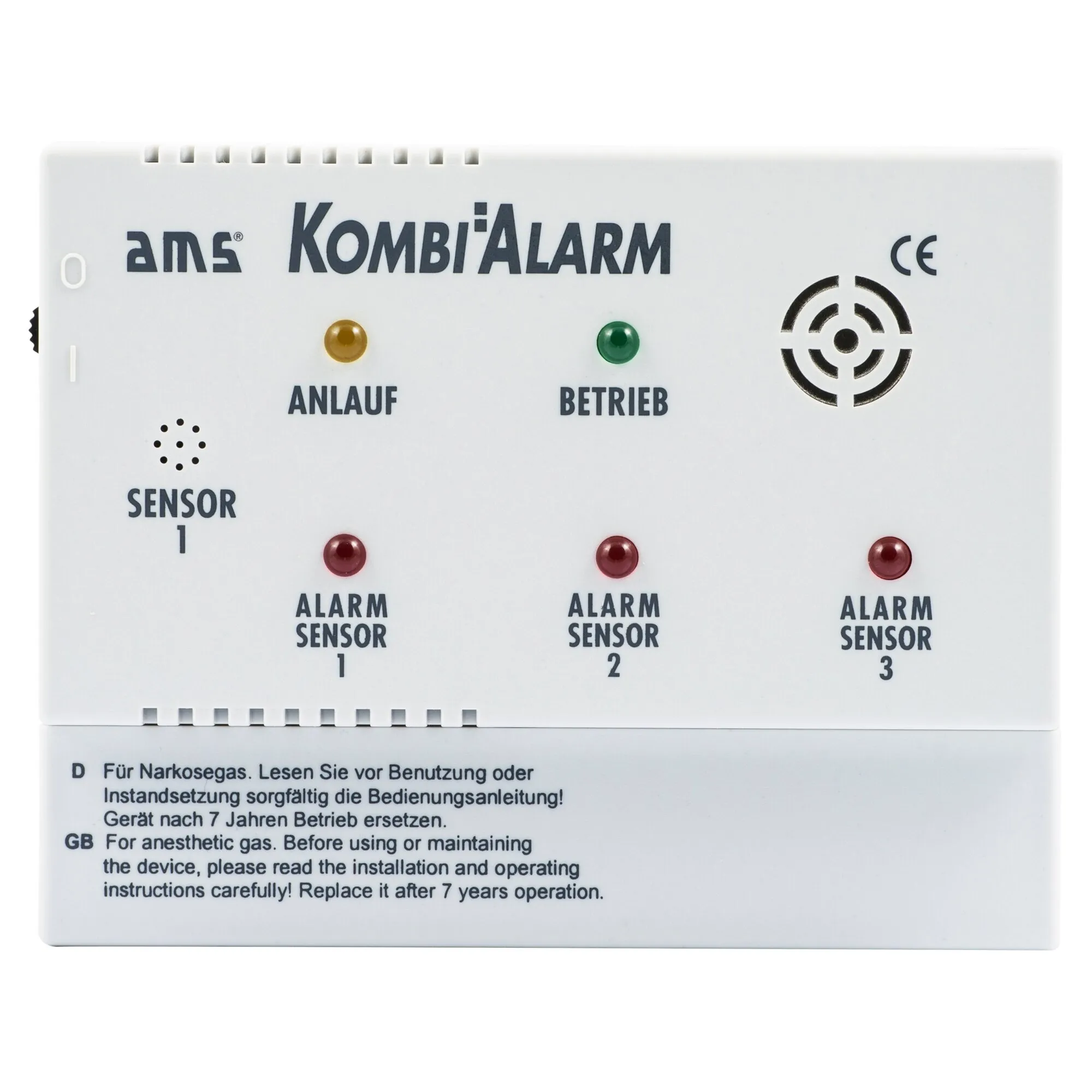 Weißes 12-Volt-Gaswarnsystem Kombi Alarm von AMS mit grüner Betriebsanzeige, Anlaufleuchte und drei Sensor-Alarmanzeigen
