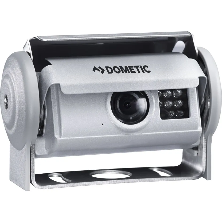 Silberne Rückfahrkamera Dometic PerfectView CAM 80 NAV mit Objektiv und neun sichtbaren LEDs in Montagehalterung